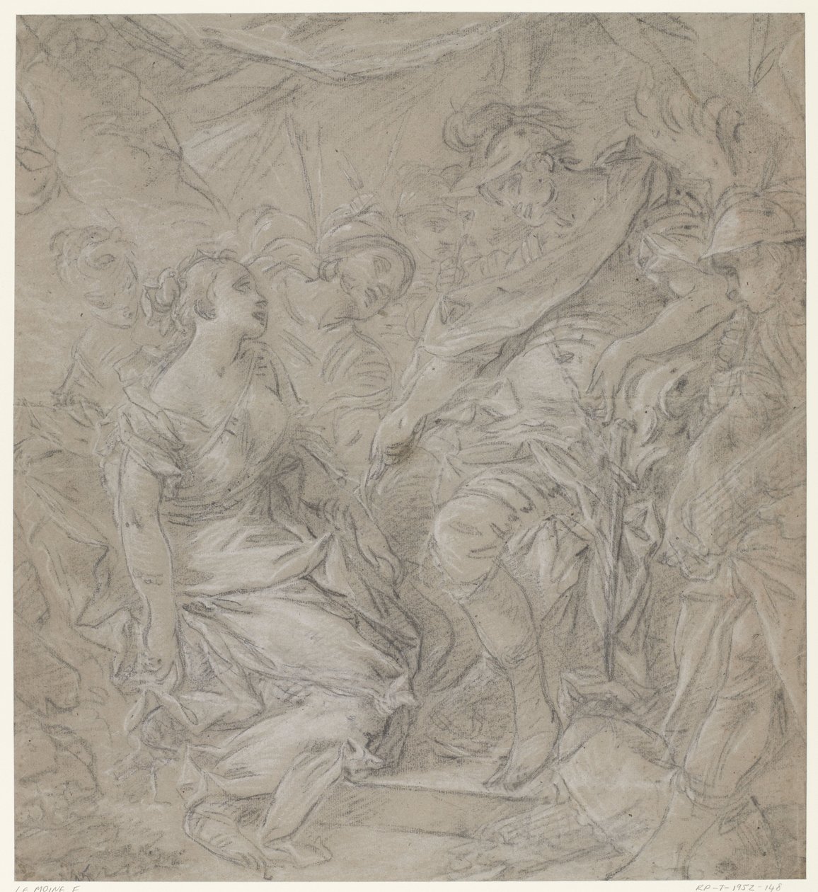 Young Woman Kneeling Before a Commander in His Tent (Scipio?) by François Le Moine (manner of)