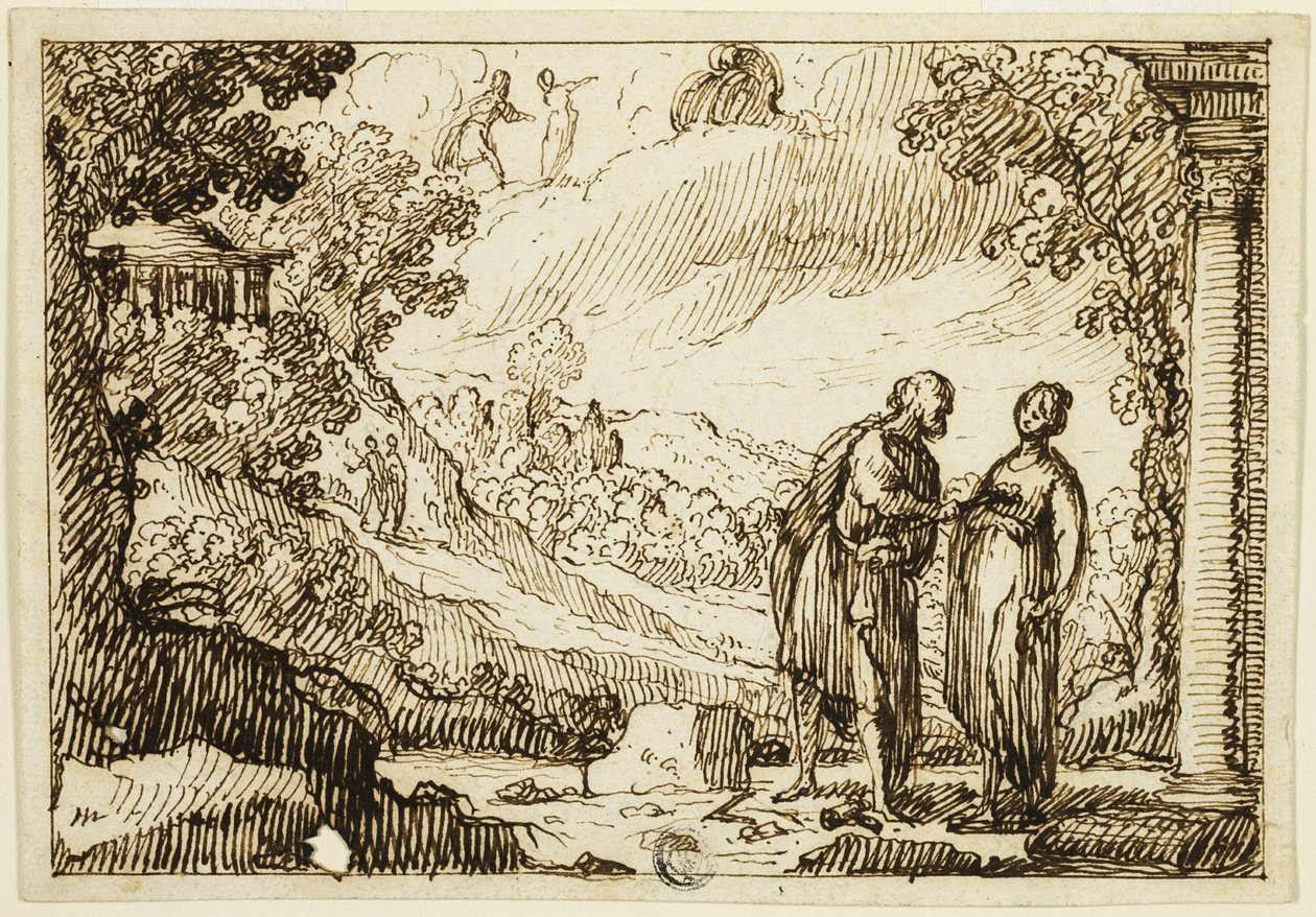Unidentified Mythological Scene with Man and Woman Conversing in Classical Landscape by François Roëttiers