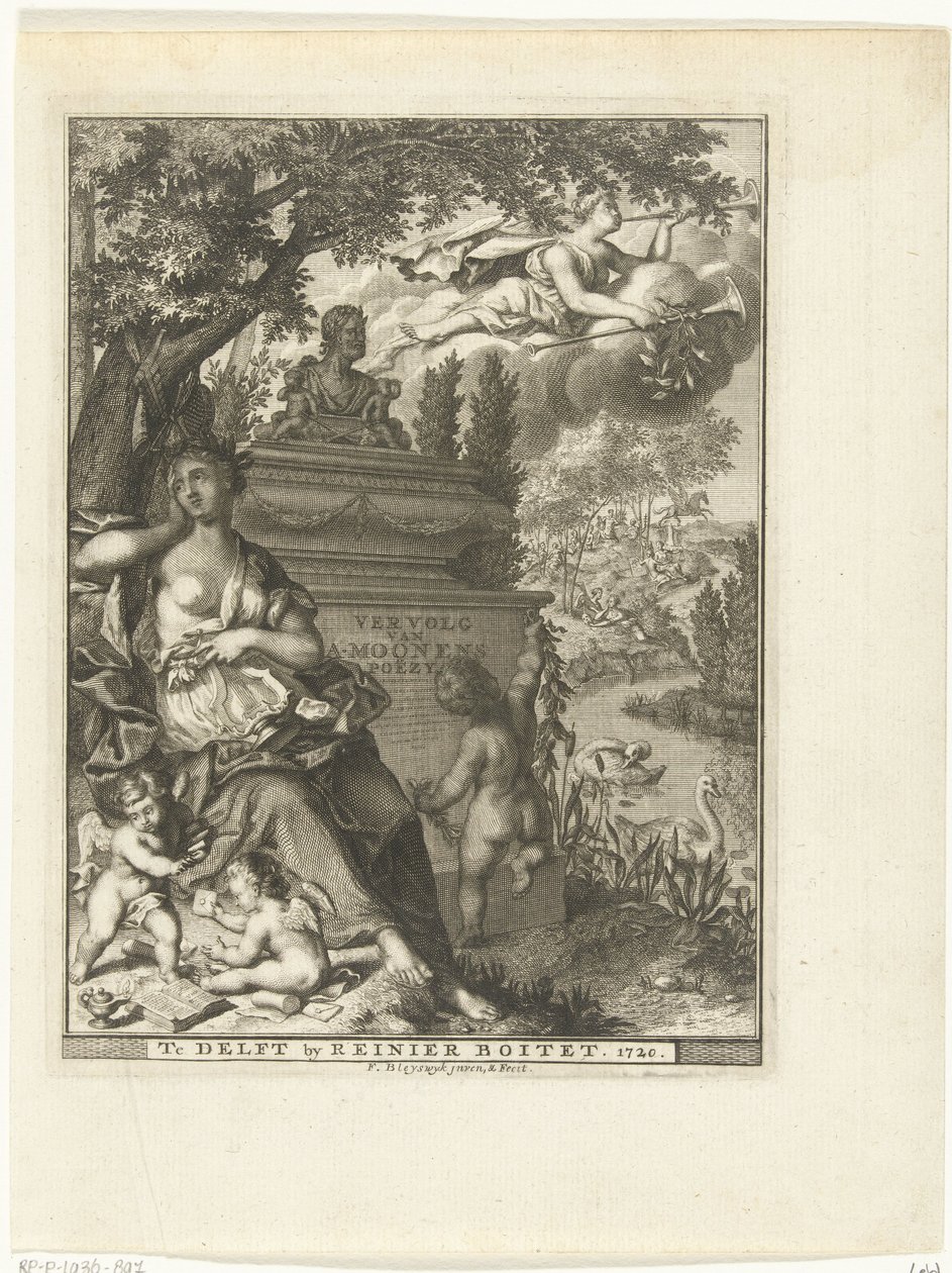 Muse and Putti Sitting by the Monument of Poet Arnold Moonen (title page for: Arnold Moonen, Continuation of Poetry, Delft 1720) by François van Bleyswijck