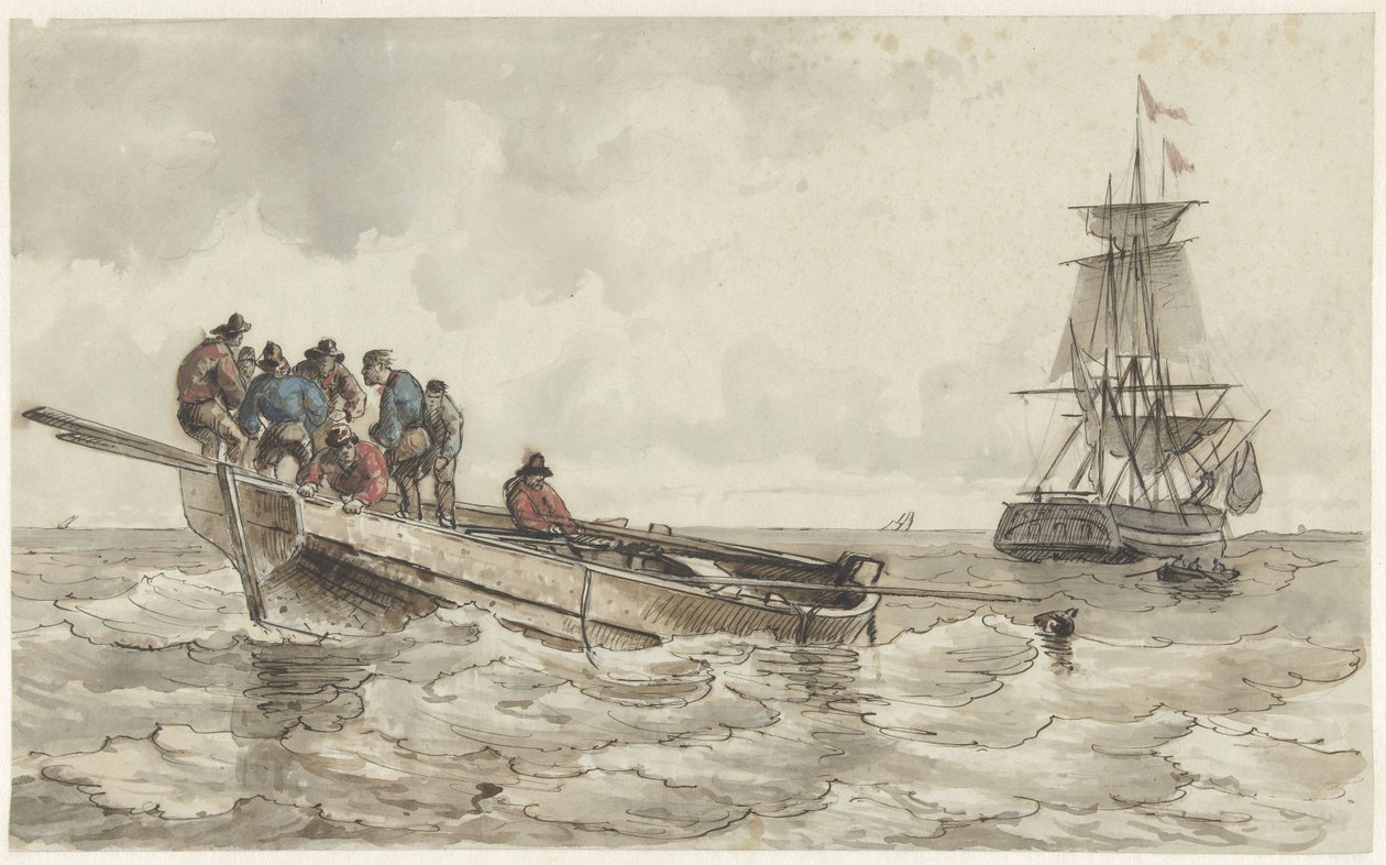 Eight Men in a Rowboat by a Sailing Ship by Frans Arnold Breuhaus de Groot