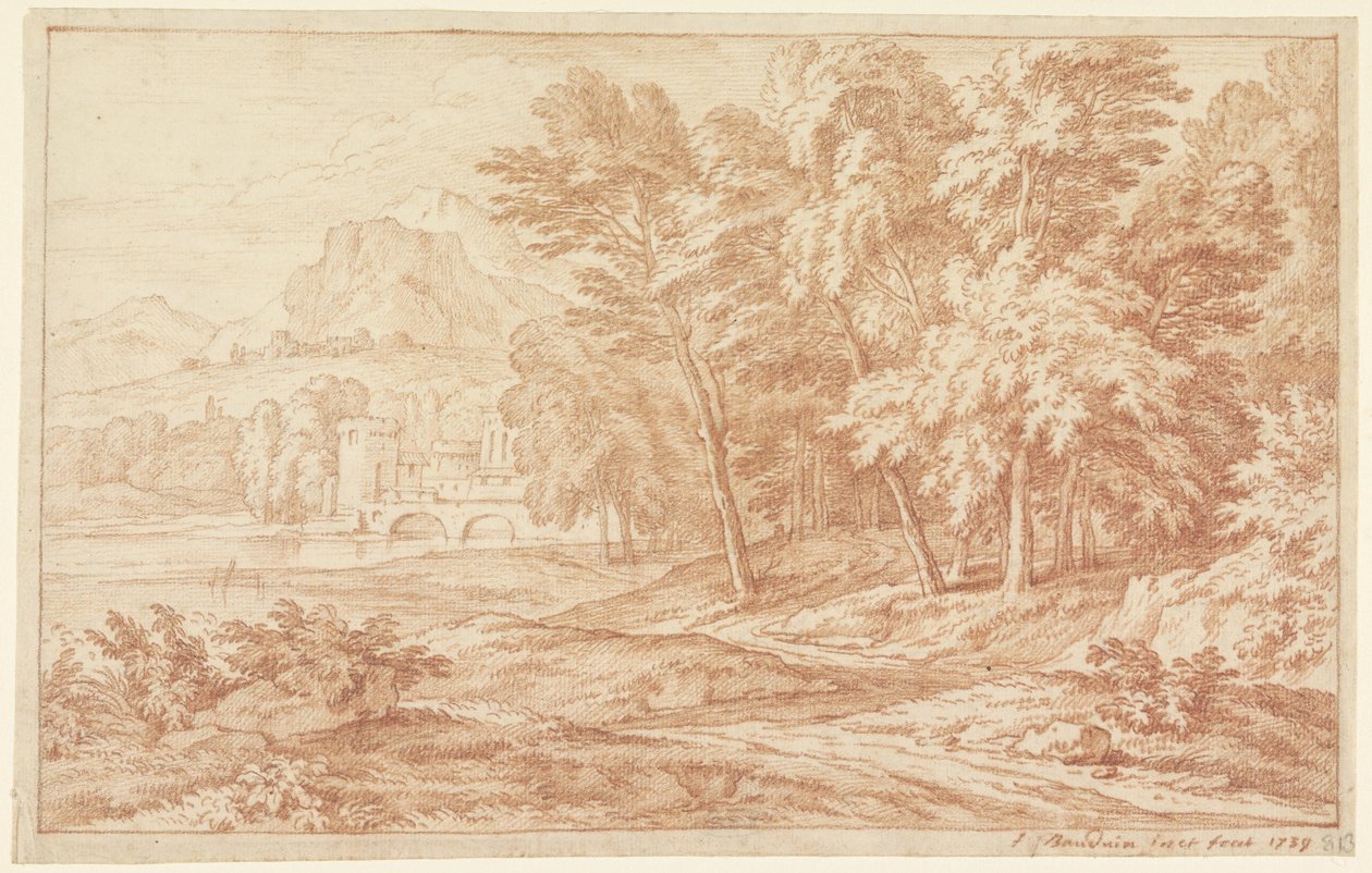 Landscape with River and Bridge with Round Tower by Frans Boudewijns