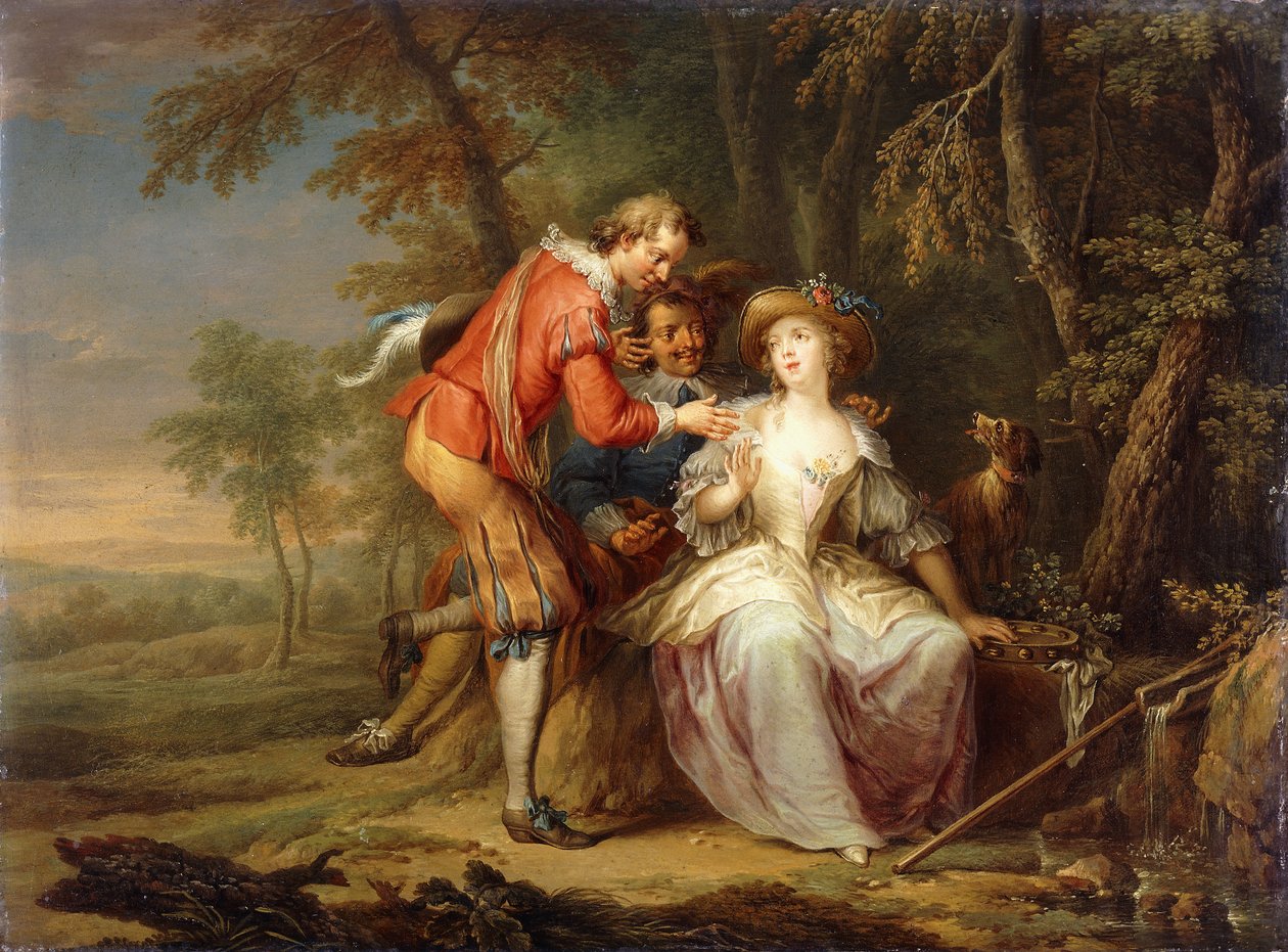 Amorous allegorical Scenes in wooded Landscapes by Frans Christoph Janneck