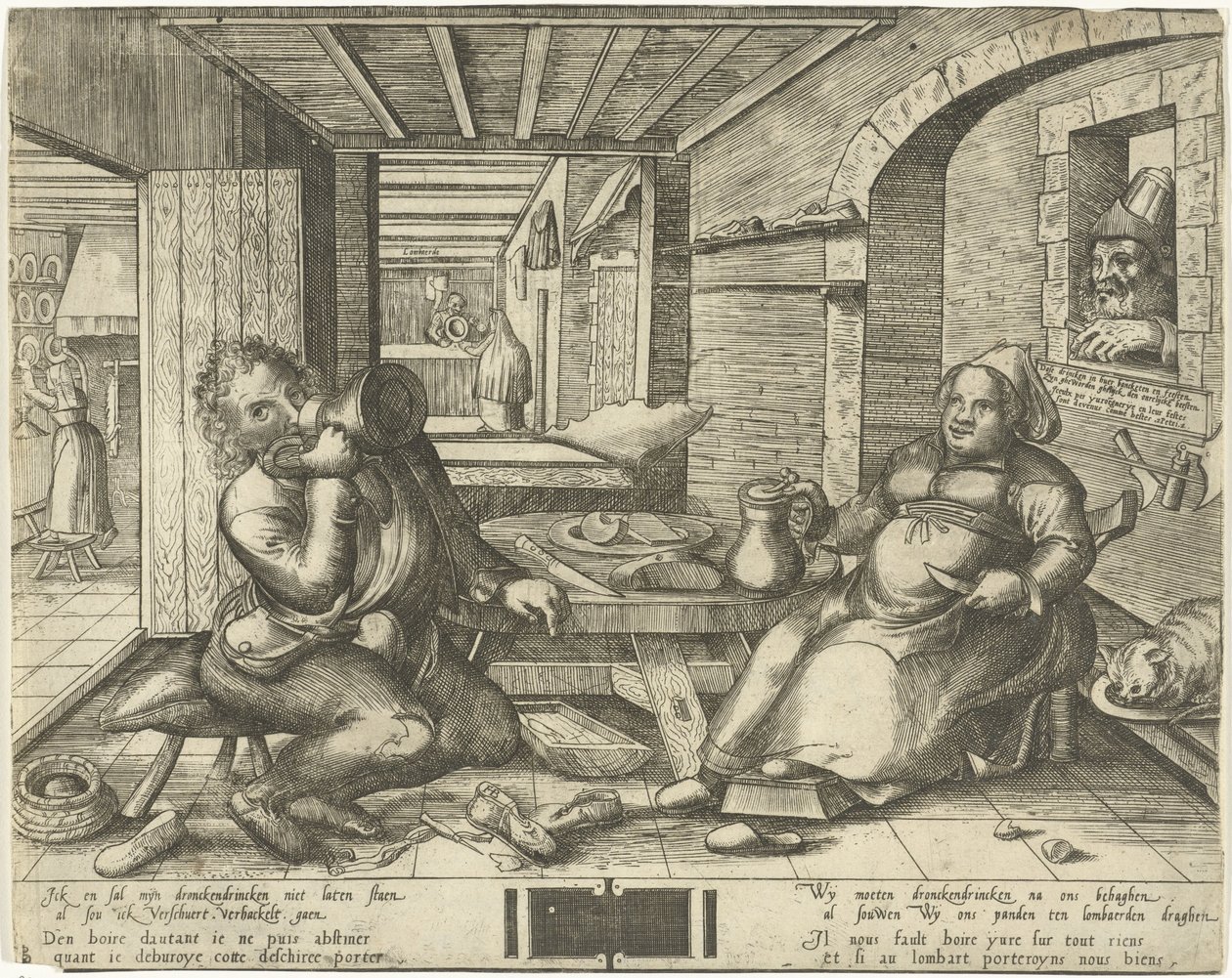 Shoemaker and His Wife Drinking Beer in a Room by Frans Hogenberg