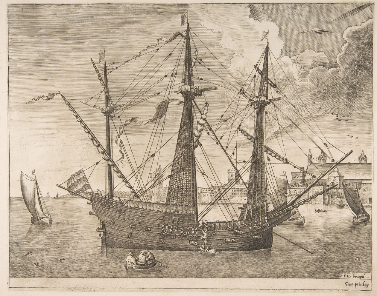 Armed Three-Master Anchored Near a City by Frans Huys