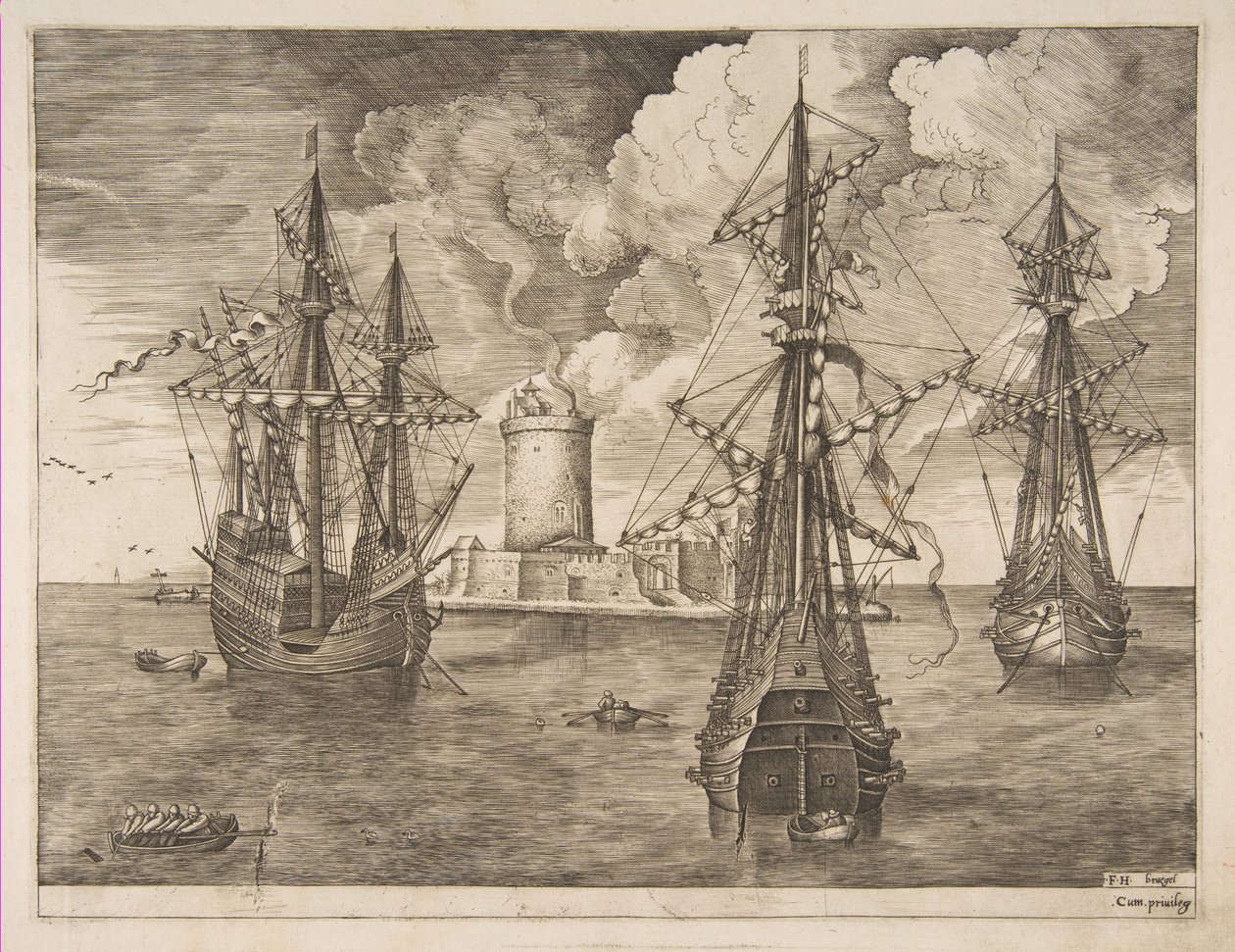 Four-Master Left and Two Three-Masters Anchored near a Fortified Island with a Lighthouse, 1561-65 by Frans Huys