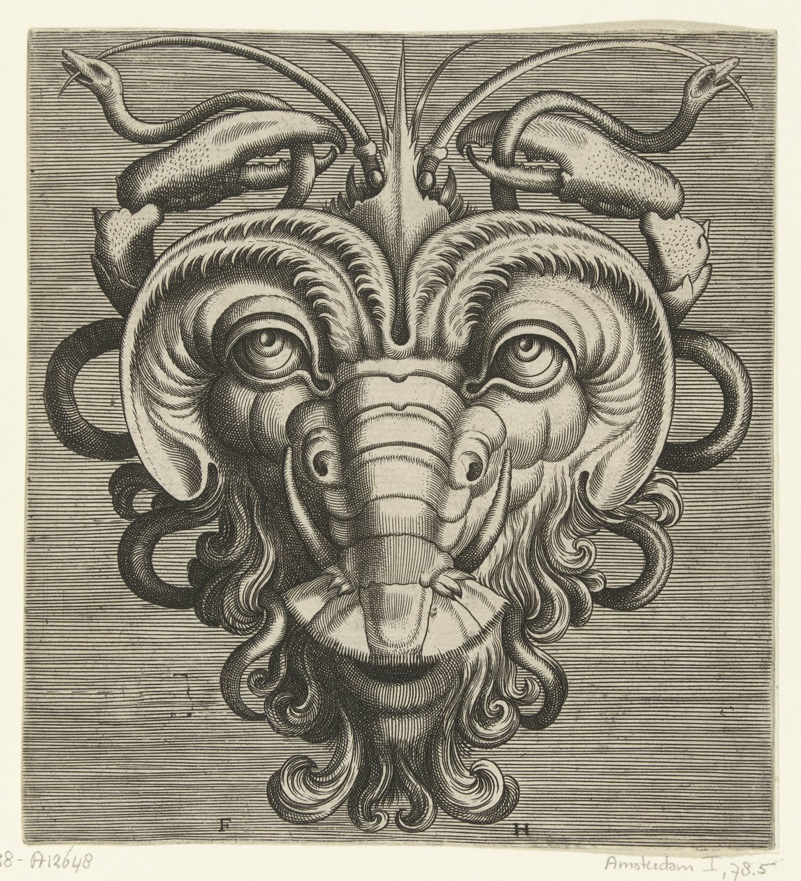 Mask with Two Lobster Claws Holding Snakes by Frans Huys