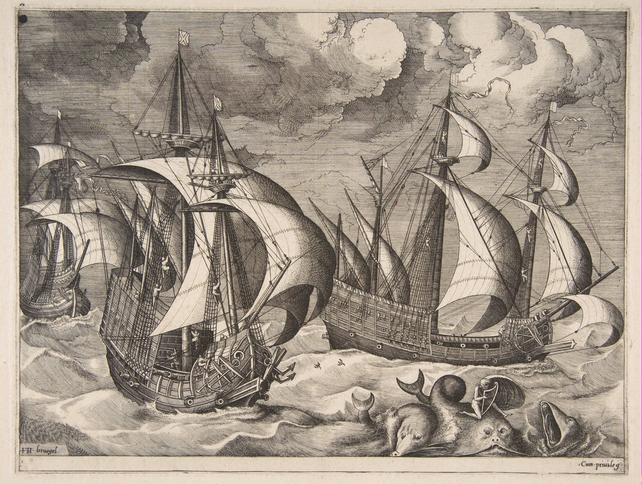 Three Caravels in a Rising Squall with Arion on a Dolphin (from The Sailing Vessels) by Frans Huys