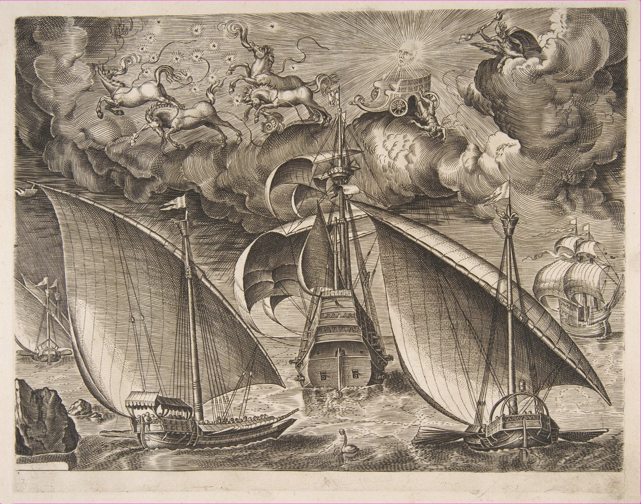 Two Galleys Sailing Behind an Armed Three-Master with Phaeton and Jupiter in the Sky by Frans Huys