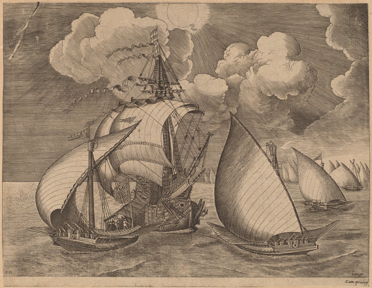A Fleet of Galleys Escorted by a Caravel by Frans Huys after Pieter Bruegel the Elder