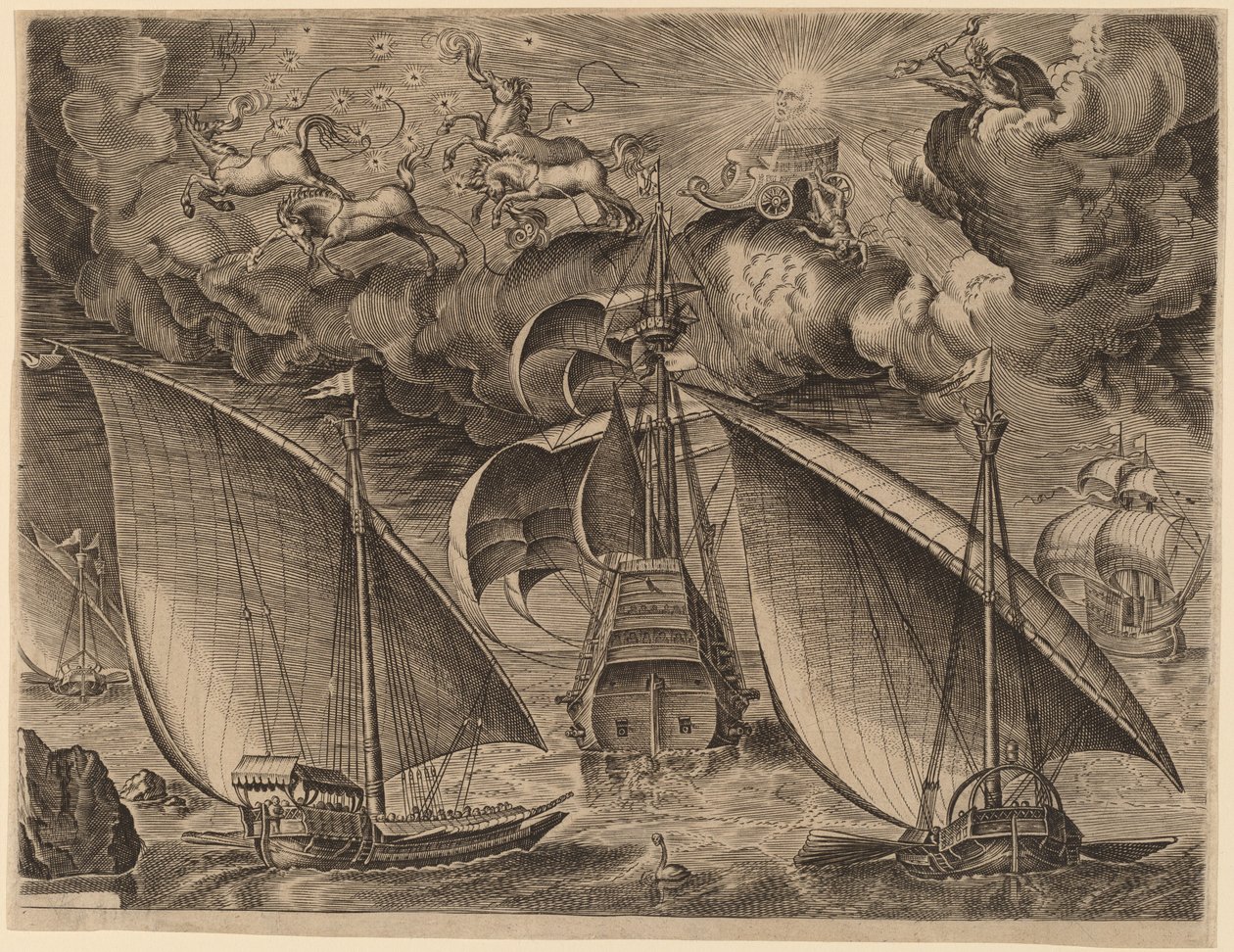 Two Galleys behind an Armed Three-Master with Phaethon and Jupiter in the Sky by Frans Huys after Pieter Bruegel the Elder