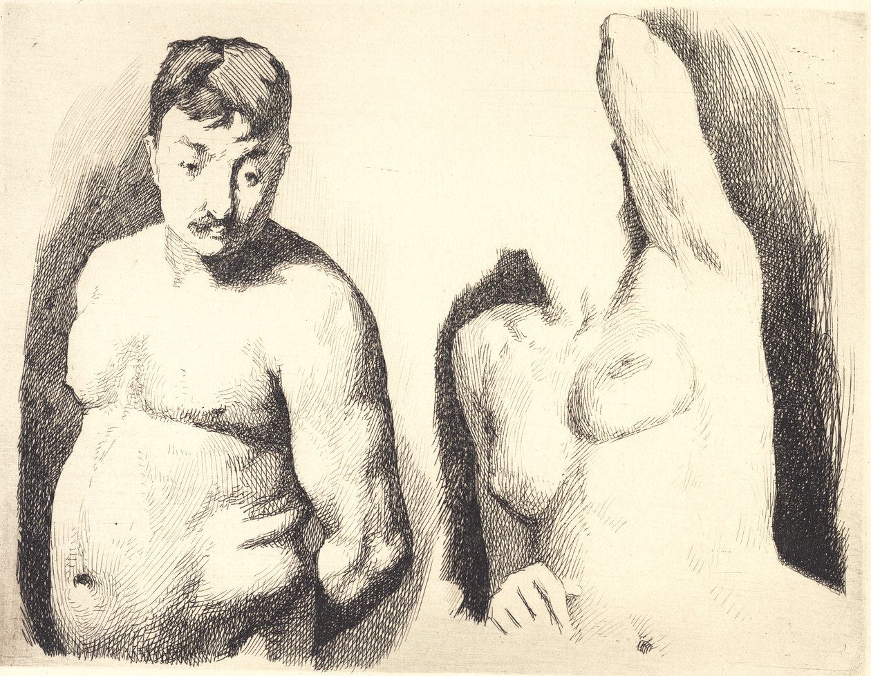 Test Plate with Two Studies of a Nude Male and Female Model in Half-Figure by Frans Schwartz