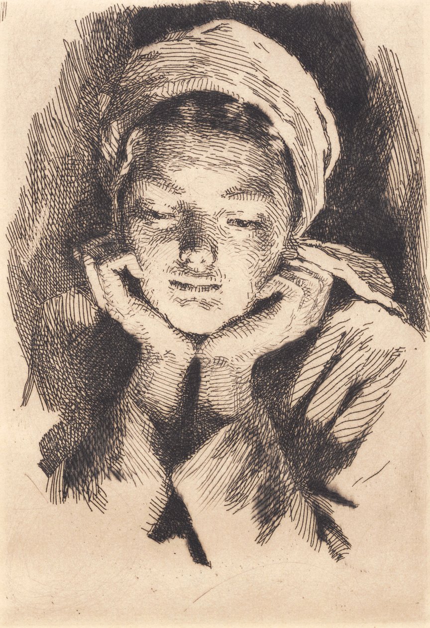 Young Woman with Cap, Facing Forward, Supporting Head in Hands. Bust by Frans Schwartz
