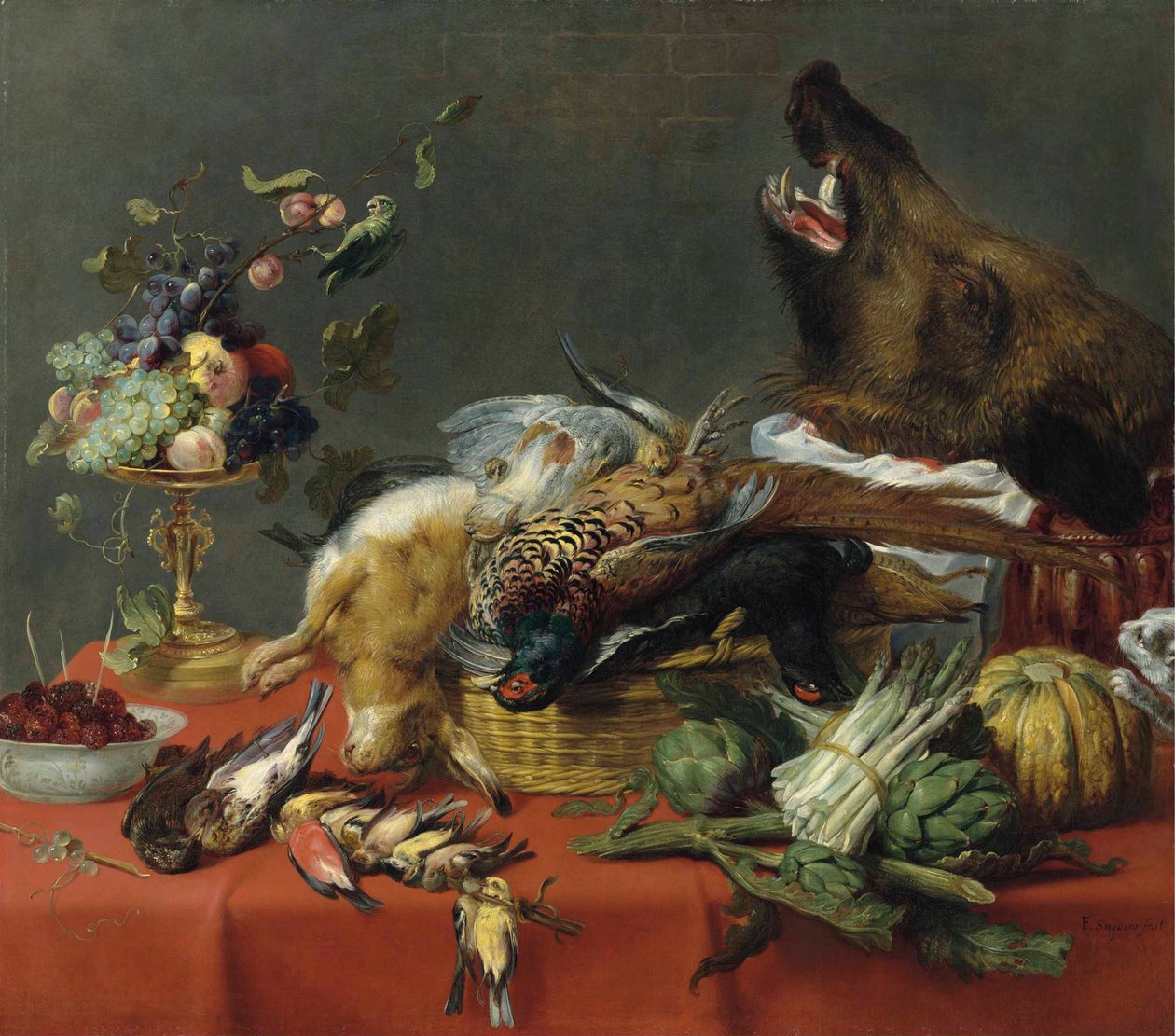 Draped Table Laden with Game, Fruit, Vegetables and a Boar