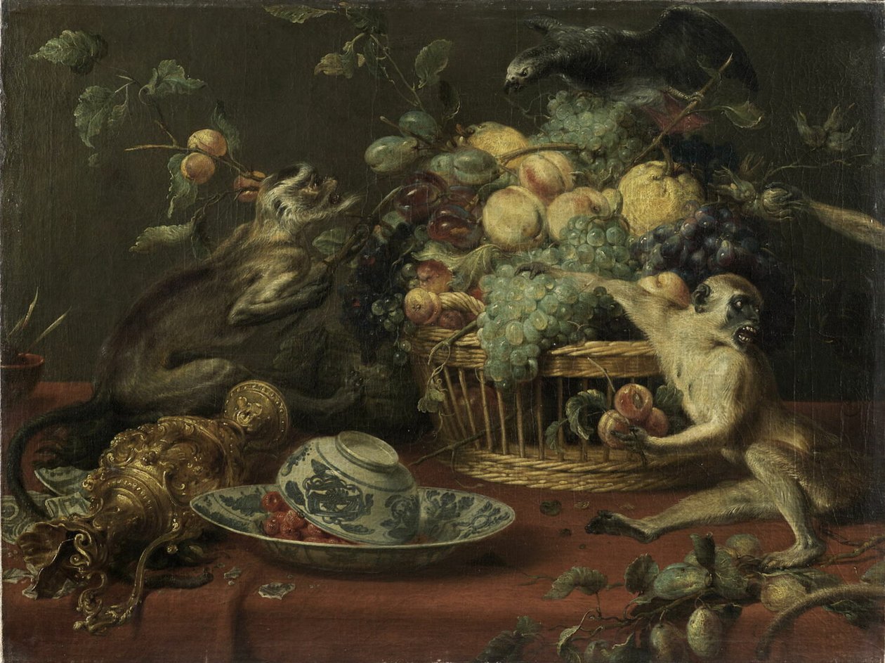 Monkeys and parrot near a fruit basket by Frans Snyders