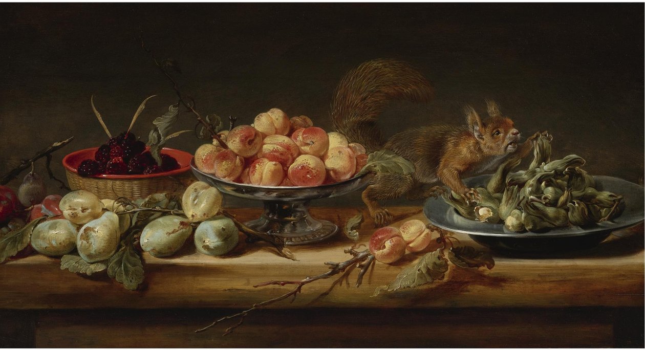 Still Life with Peaches in a Tazza, Hazelnuts on a Pewter Plate, Raspberries in a Basket, with Pears and a Squirrel on a Table by Frans Snyders