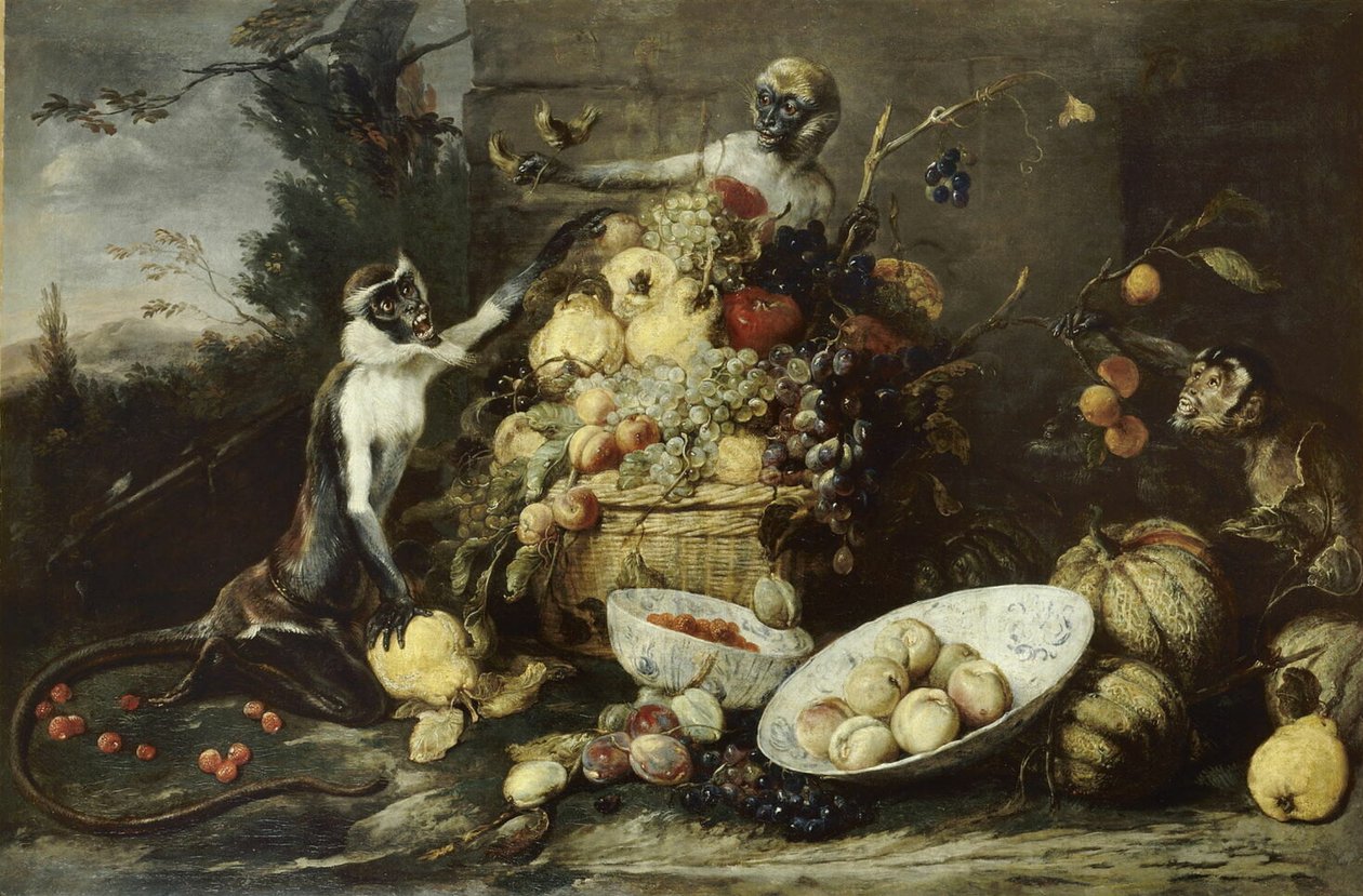 Three Monkeys Stealing Fruits, with a View on a Landscape by Frans Snyders