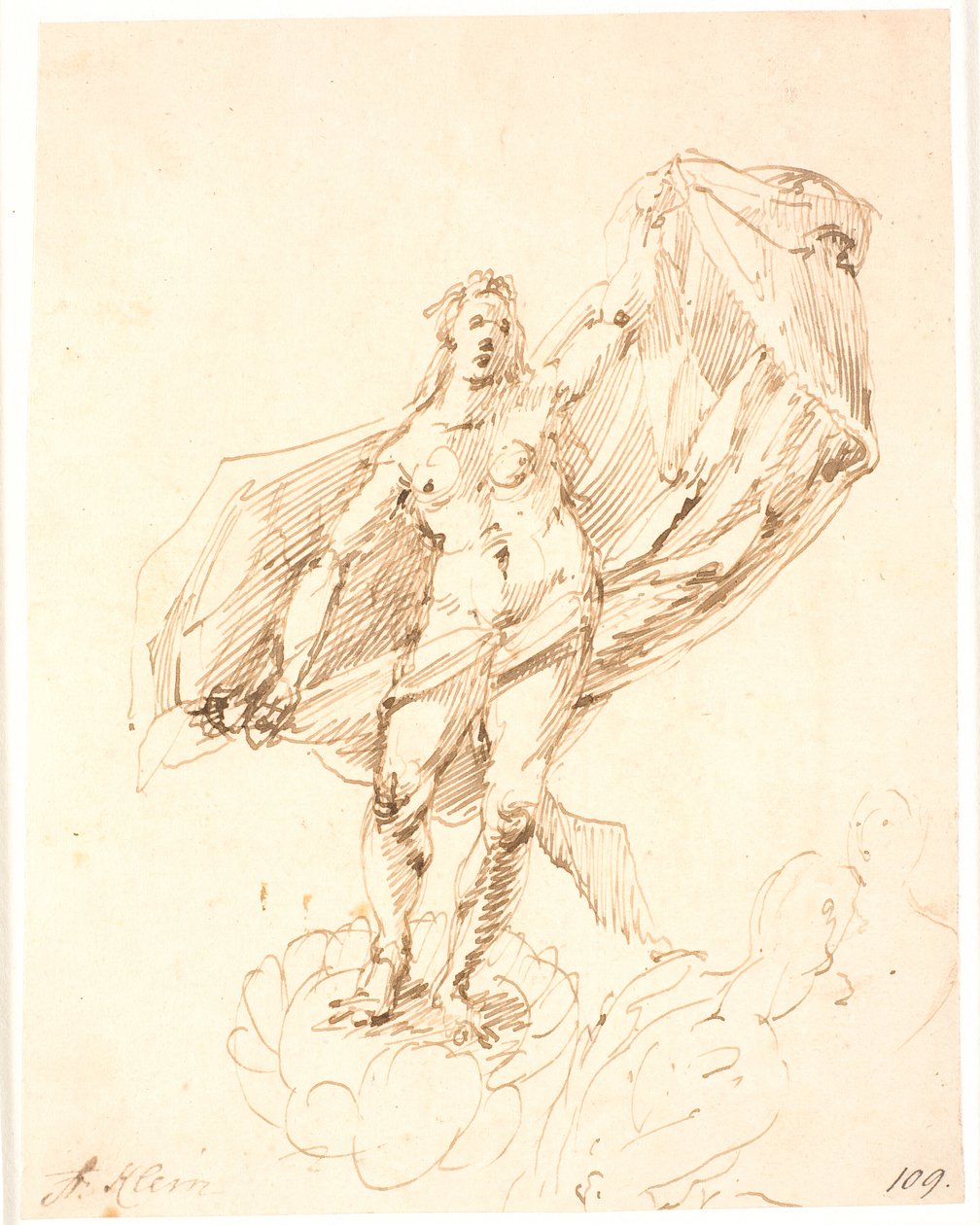 Woman Unfolding a Drapery Behind Her with a Grand Gesture. Sketch of Two Ignudi at the Bottom Right by Frantz Cleyn