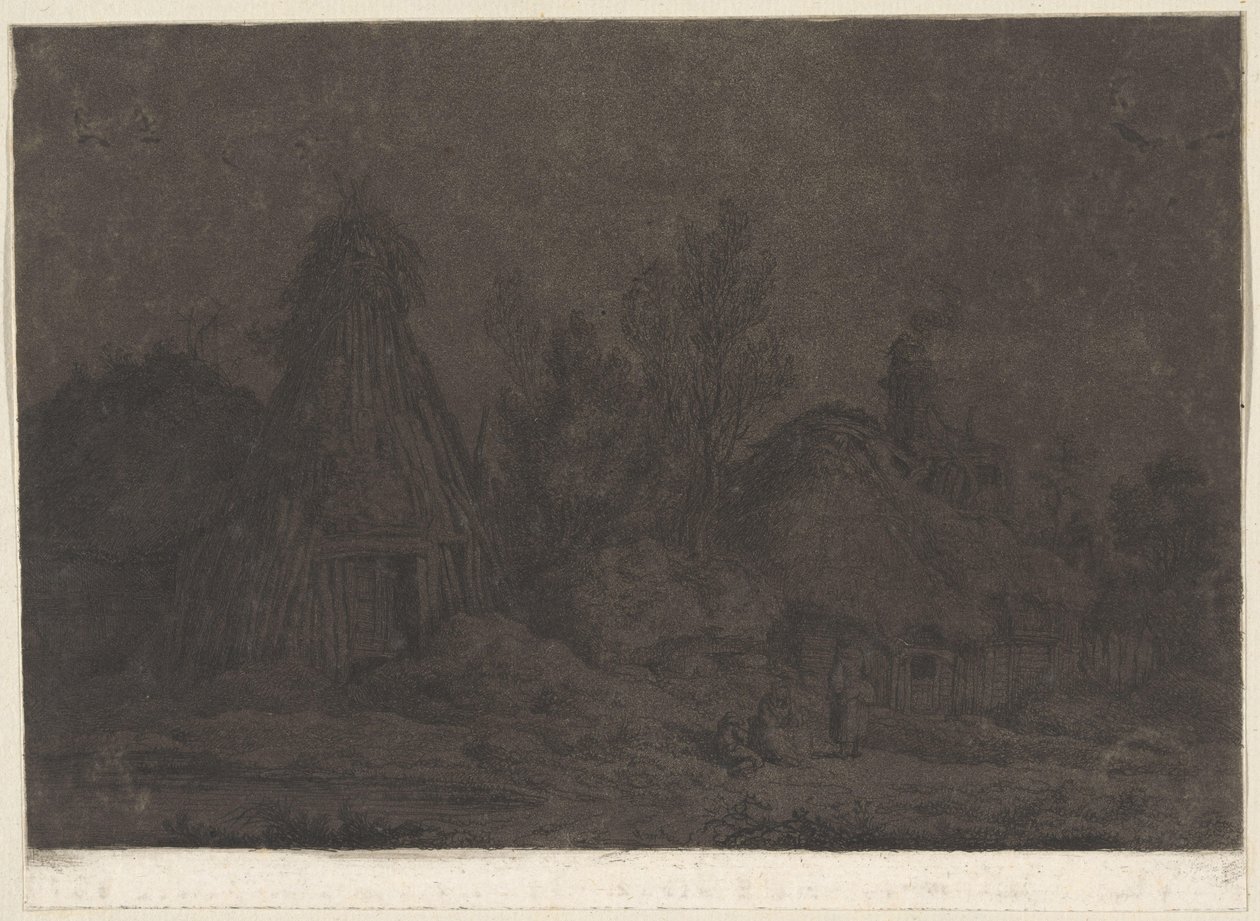 Moonlit Scene with Figures in Front of a Hut (XII Views of Normandy) by Franz Edmund Weirotter