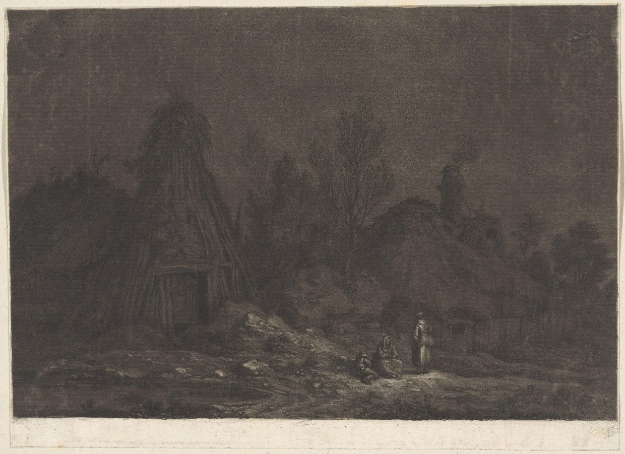 Moonlit Scene with Figures in Front of a Hut (XII Views of Normandy) by Franz Edmund Weirotter