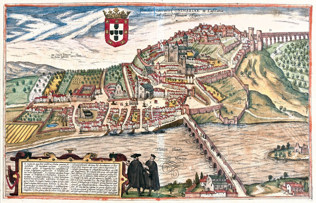 Coimbra, Portugal. The two academics seen in learned discussion in the foreground make further visual reference to the university by Franz Hogenberg