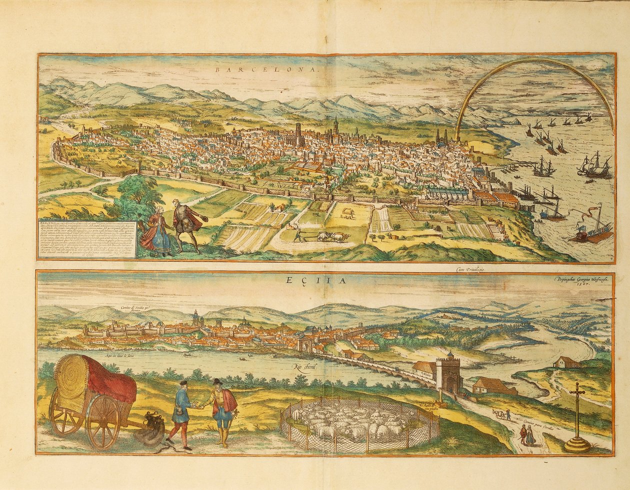 Map of Barcelona and Ecija from Civitates Orbis Terrarum by Georg Braun by Franz Hogenberg