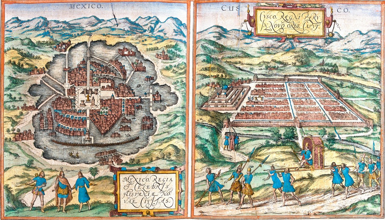 Map of Mexico and Cuzco, Peru by Franz Hogenberg