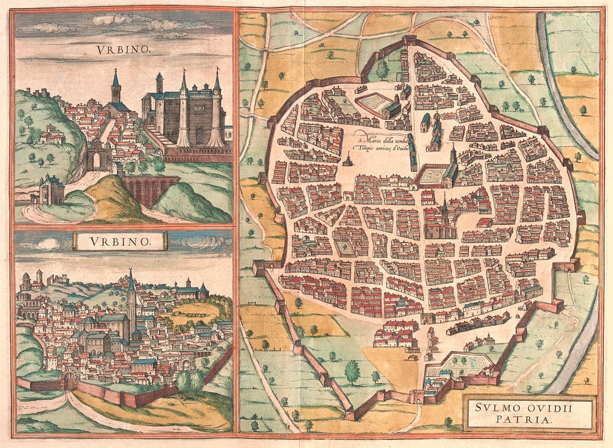 Urbino and Sulmona, Italy (engraving) by Franz Hogenberg