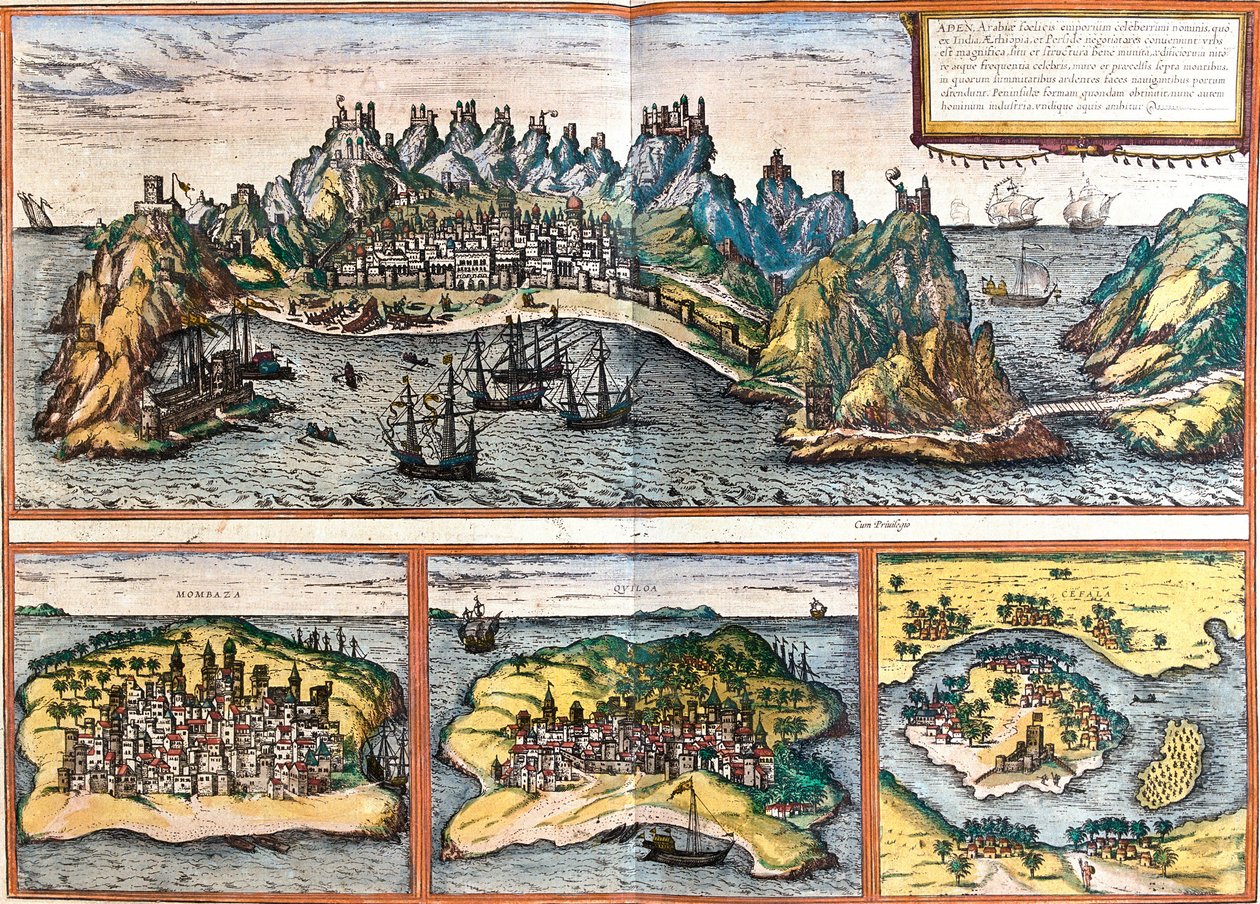 Views of Aden (Yemen), Mombasa (Kenya), Kilwa Kisiwani (Tanzania) and Cefala Diana (Sicily, Italy) by Franz Hogenberg