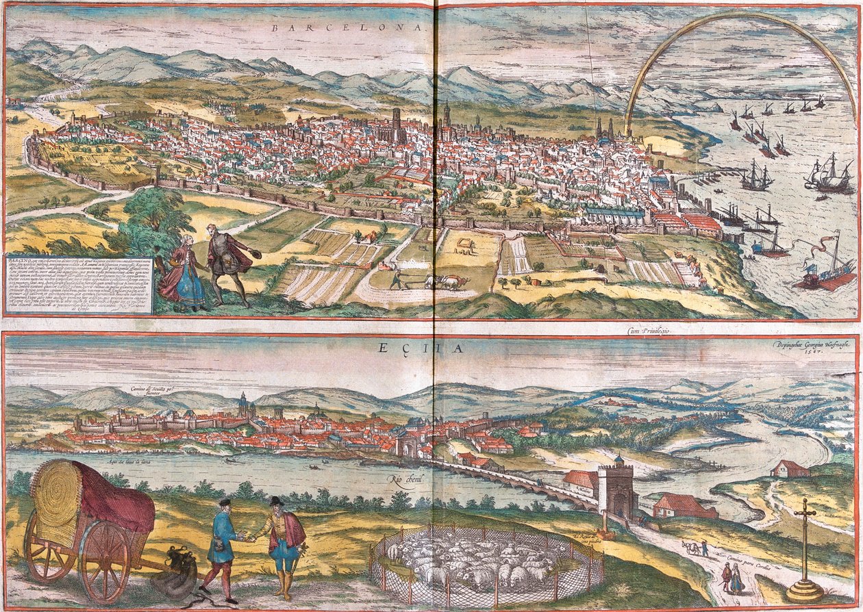 Views of Barcelona and Ecija, Spain by Franz Hogenberg
