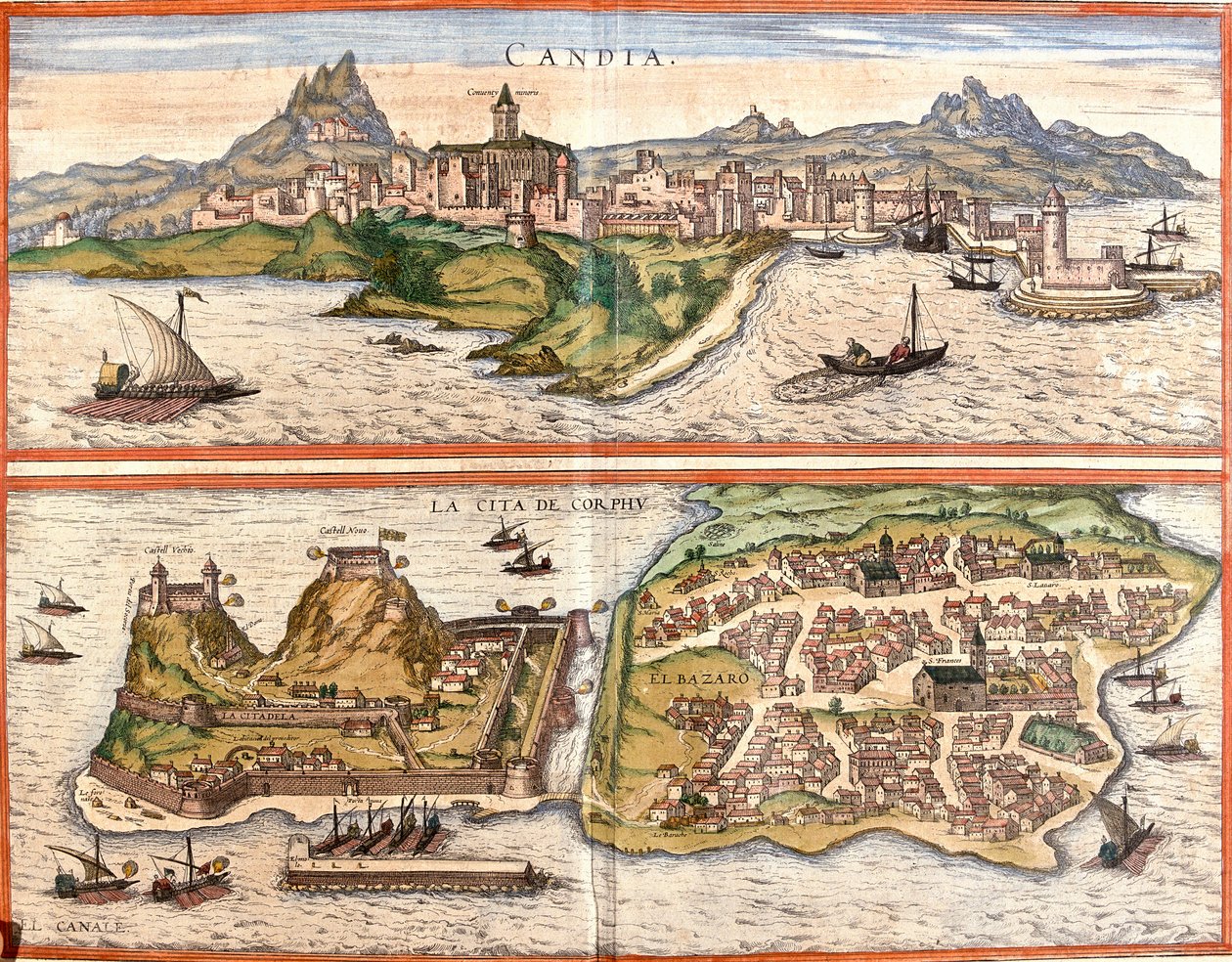 Views of Candia, current Heraklion on the island of Crete and Corfu, Greek island by Franz Hogenberg