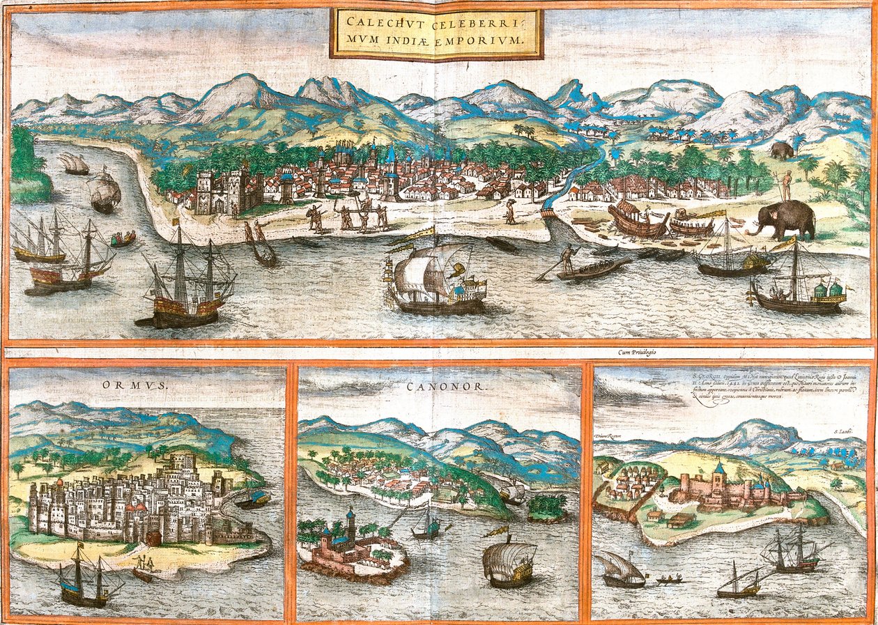 Views of Kozhikode or Calicut (India), Ormuz (Iran), Cannanore or Kannur (India) and St. George of the Mine or Elmina (Ghana) by Franz Hogenberg