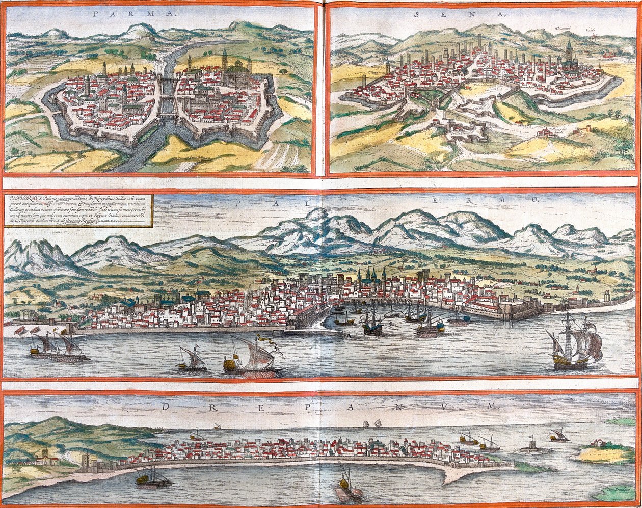 Views of Parma, Siena, Palermo and Trapani (Sicily), Italy by Franz Hogenberg