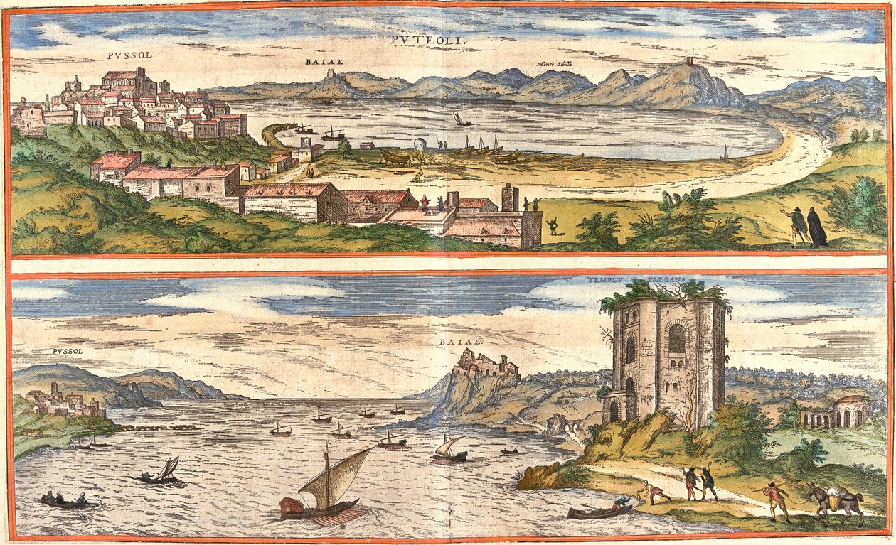 Views of Pozzoli and Bays (present-day Baia), Italy, with the ancient remains of the thermal baths of the Gulf of Naples and a fortress by Franz Hogenberg