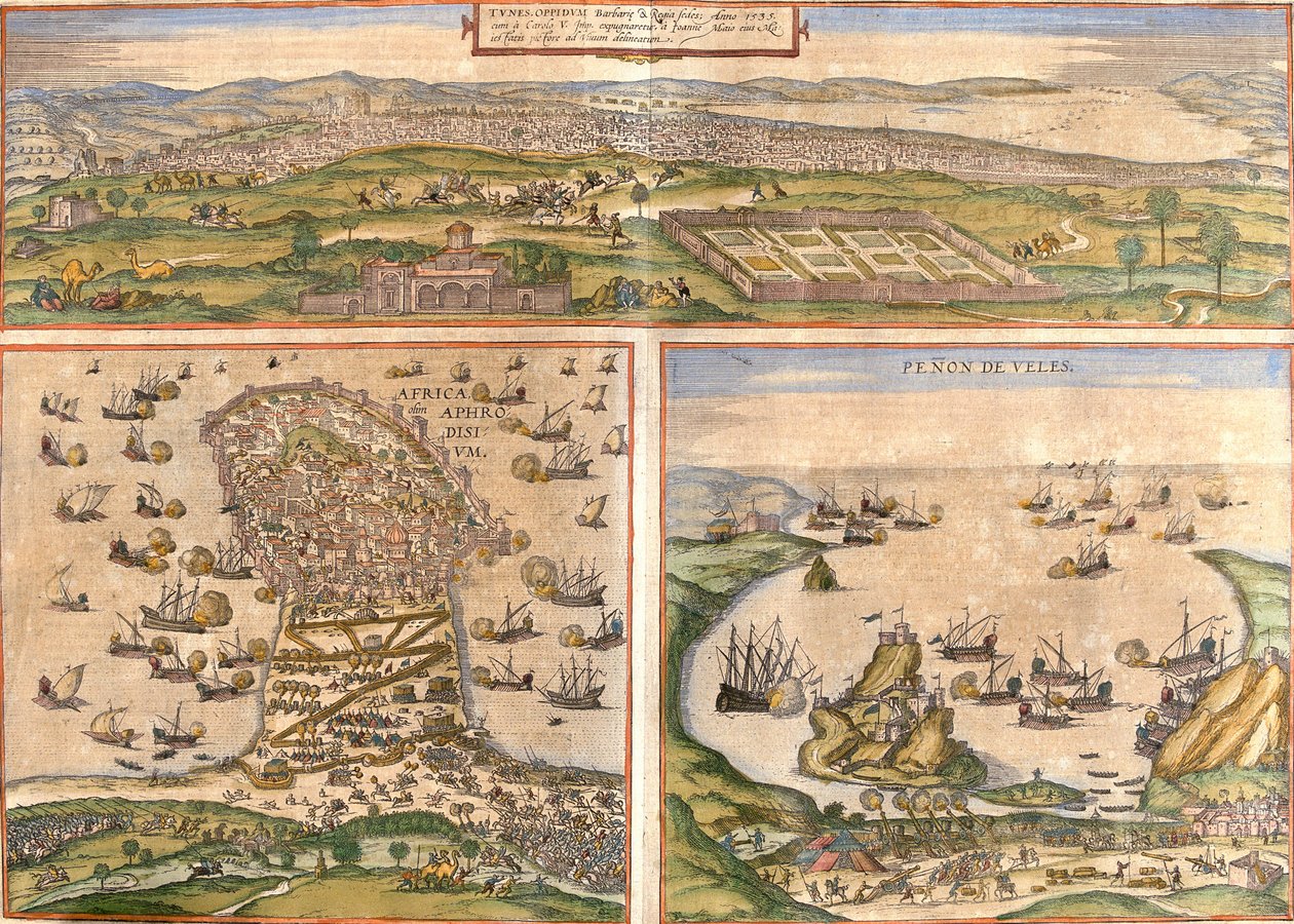Views of Tunis and Mahdia in Tunisia, and Penon de Velez de la Gomera or Badis, disputed between Spain and Morocco by Franz Hogenberg
