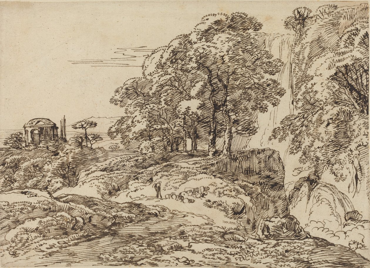 Pastoral Landscape with a Waterfall and a Temple by Franz Innocenz Josef Kobell