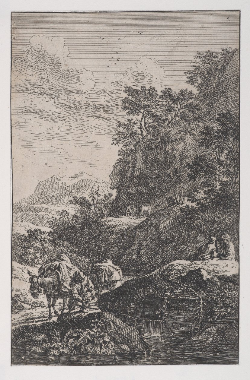 Plate 1: a peasant checking the hoof of his mule by a stream, from Landscapes, ca. 1700-25 by Franz Joachim Beich