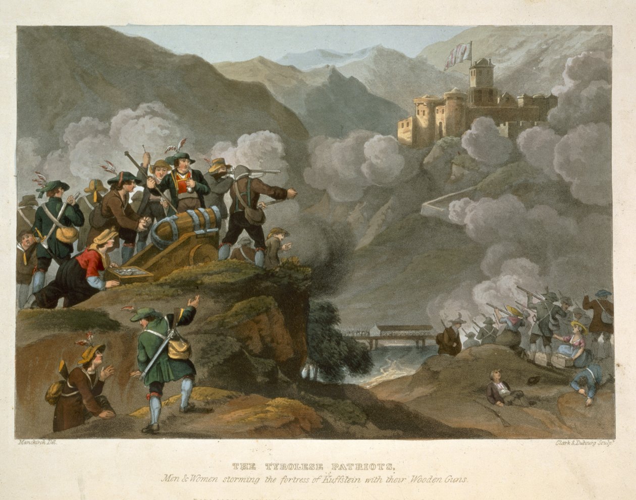 The Tirolese Patriots Storming the Fortress of Kuffstein with their Wooden Guns, Engraved by John Heaviside Clark and Matthew Dubourg from Historic, Military and Naval Anecd by Franz Joseph Manskirch