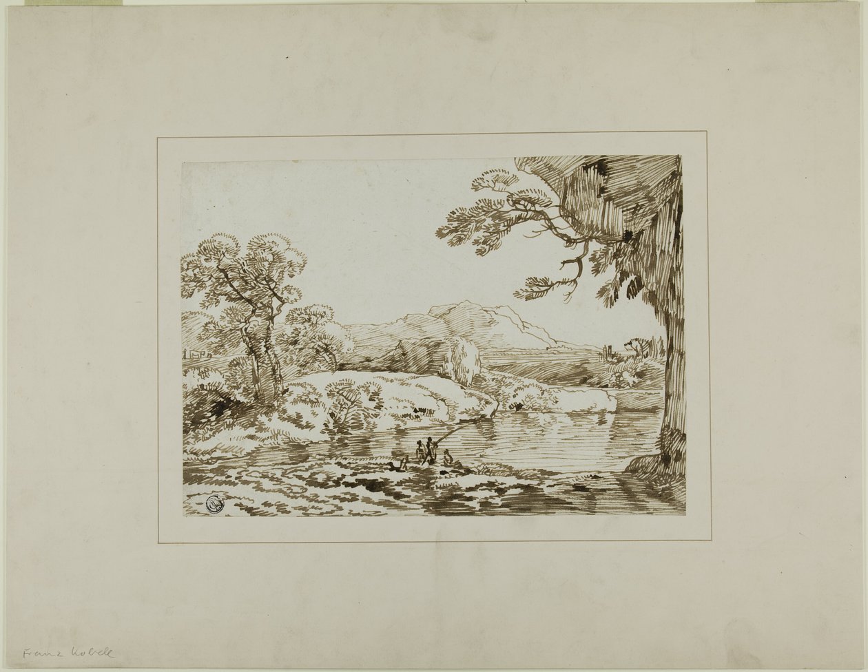 Landscape with River, Distant Hills, and Figures Fishing in Foreground by Franz Kobell