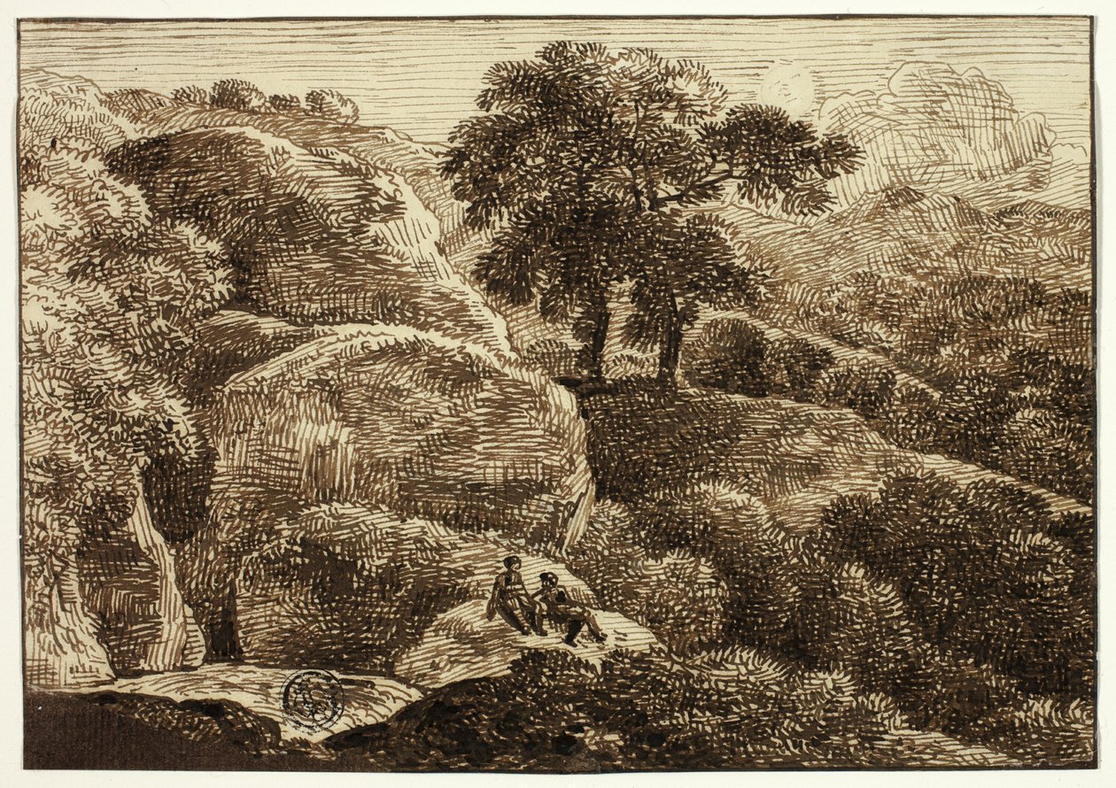 Two Figures Resting on Hillside near Two Trees by Franz Kobell