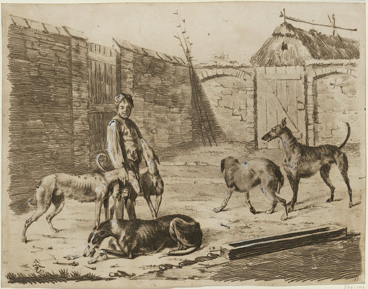 Courtyard with Boy and Dogs by Franz Krüger