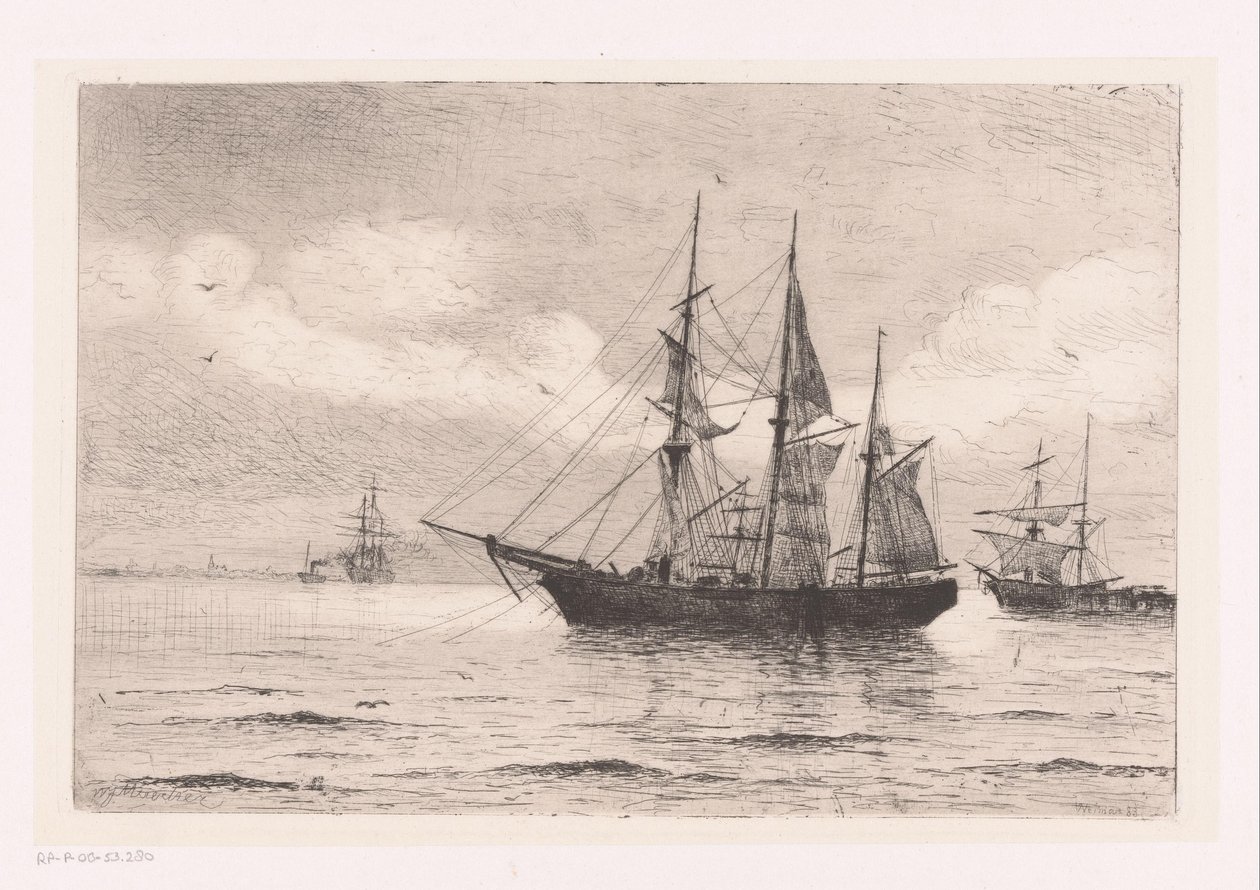 Seascape with a Three-Master and Other Ships by Franz Maecker