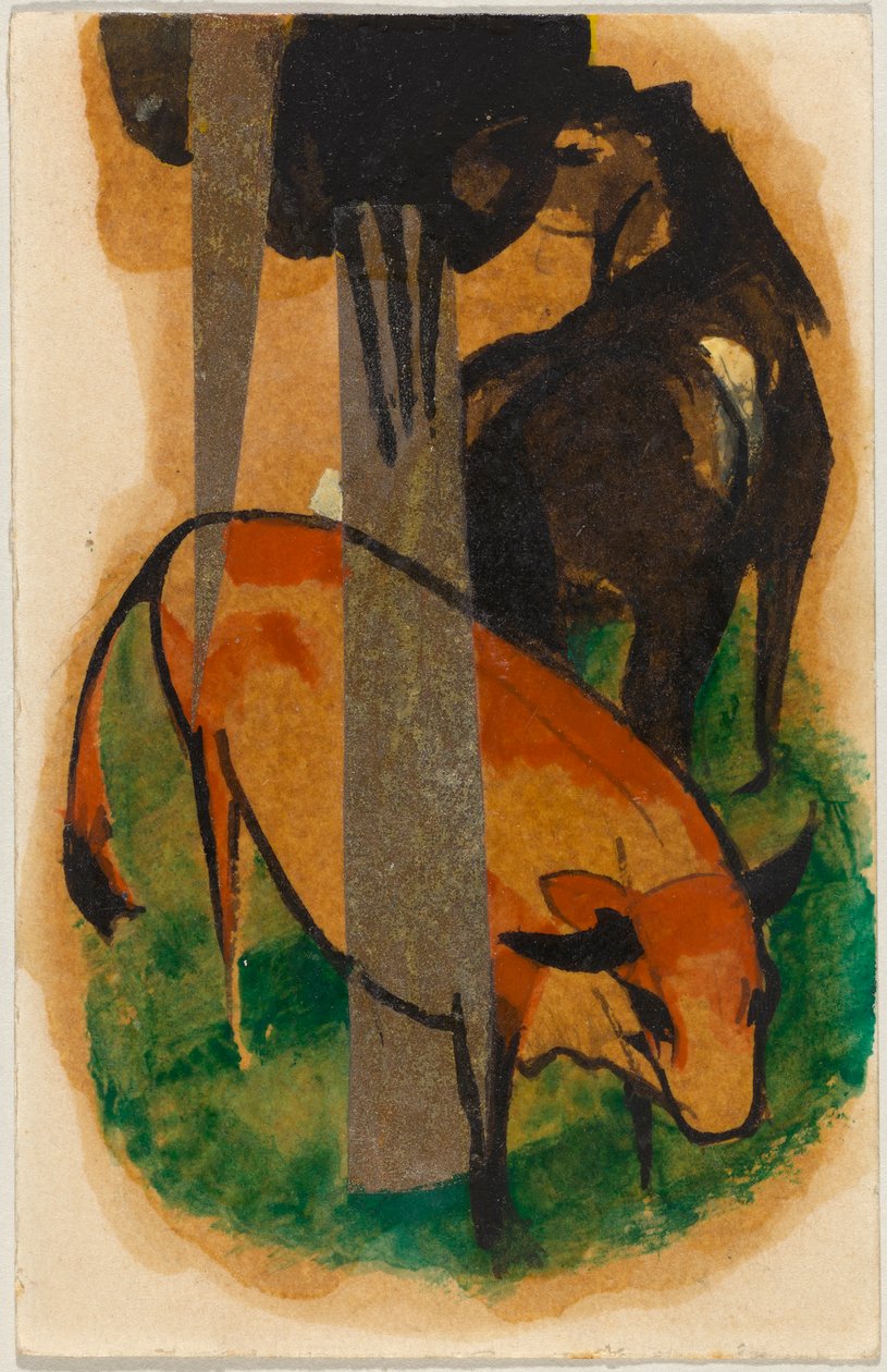 Red Horse and Yellow Ox (Black-Brown Horse and Yellow Ox), Postcard from Sindelsdorf to Alfred Kubin in Wernstein/Zwickledt by Franz Marc