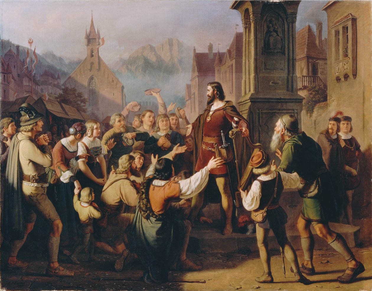Duke Friedrich IV, Disguised as a Minstrel, Reveals Himself to His Faithful Tyroleans by Franz Schams