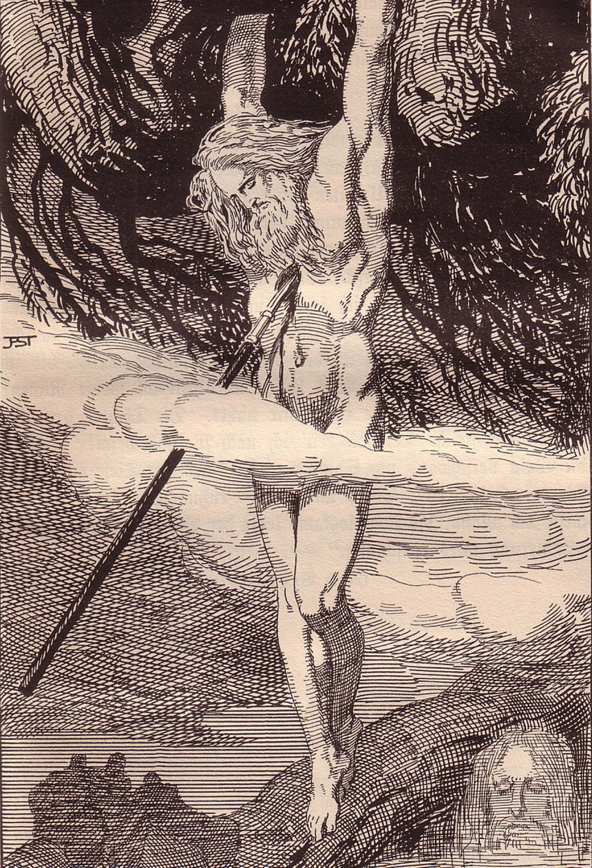 Odin Hanging on the World-Tree. Illustration for The Edda: Germanic Gods and Heroes by Hans von Wo by Franz Stassen