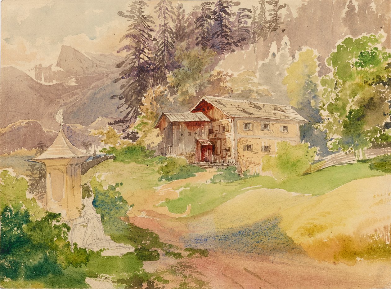 Alpine Landscape with Farmhouse and Woman in Front of a Wayside Shrine by Franz Steinfeld