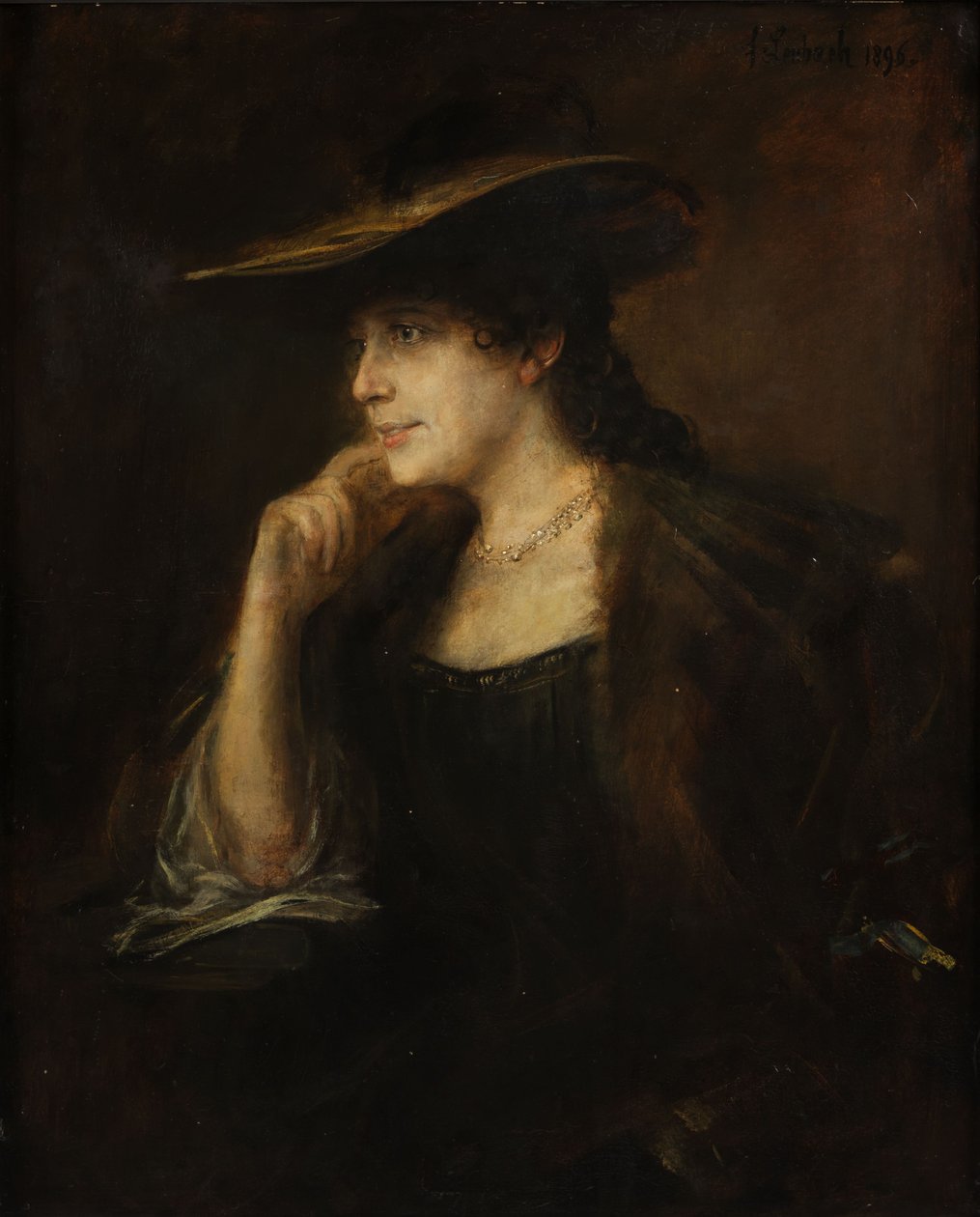 Portrait of a Young Lady with Fur Collar and Wide-Brimmed Hat by Franz von Lenbach