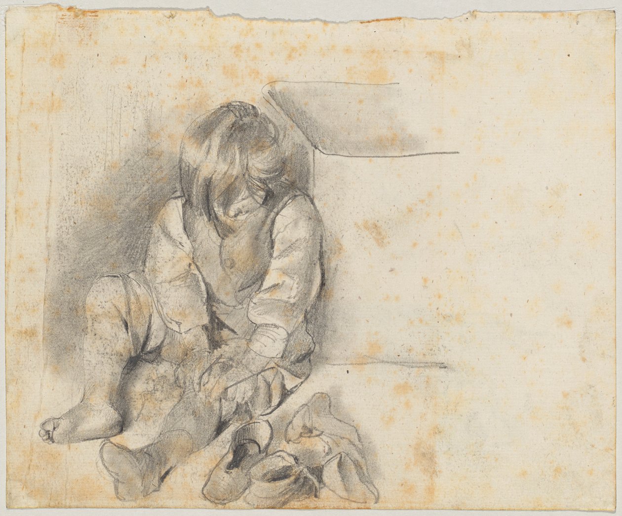 Seated Boy Putting on His Sock by Franz von Lenbach