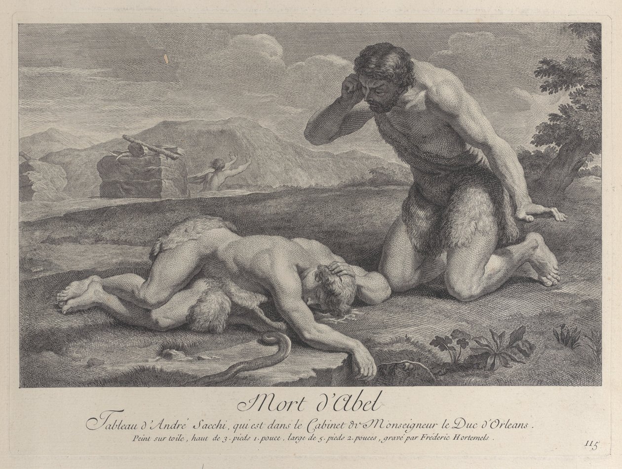 Adam kneels in grief beside the body of Abel, while Cain flees in the background by Frédéric Horthemels