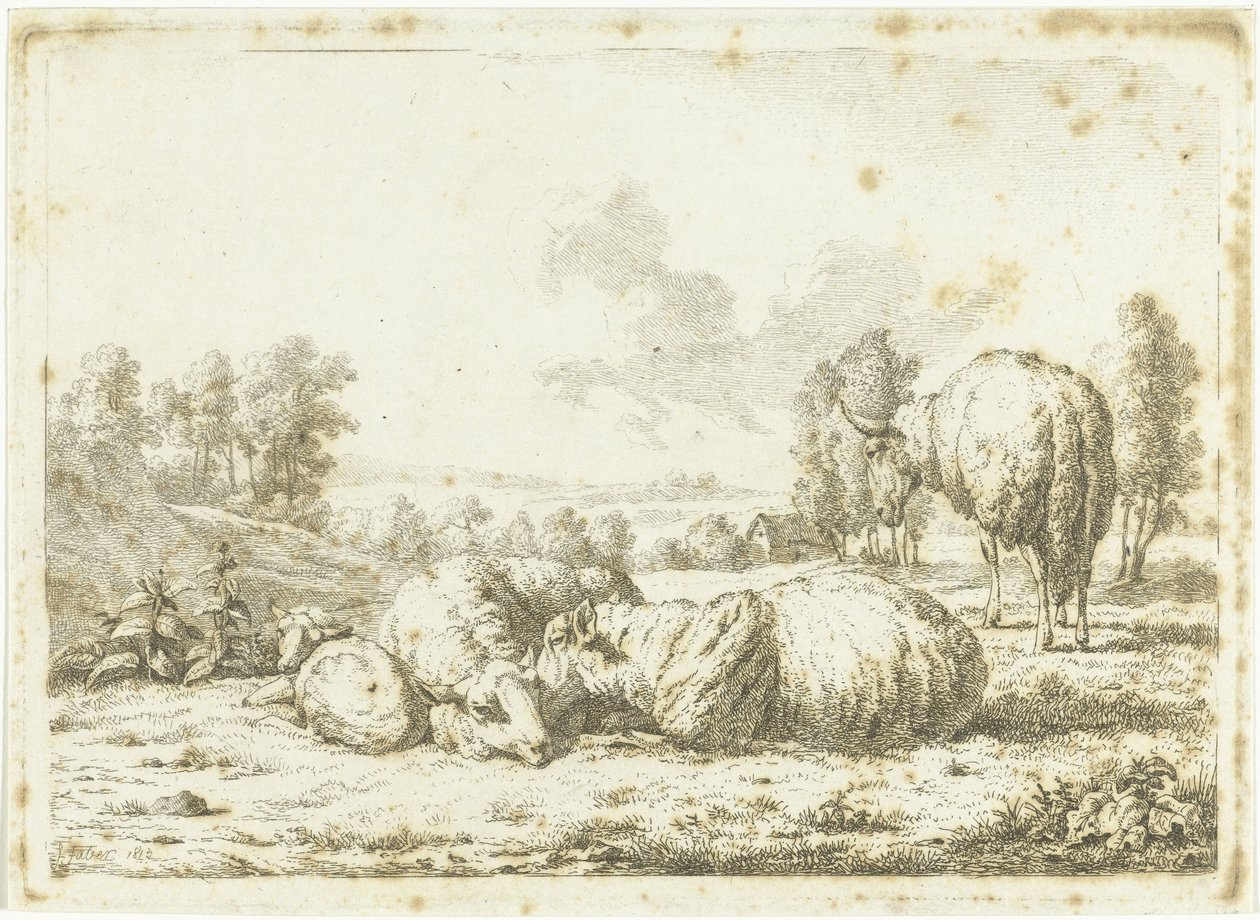 Landscape with Three Sheep and a Lamb by Frédéric Théodore Faber