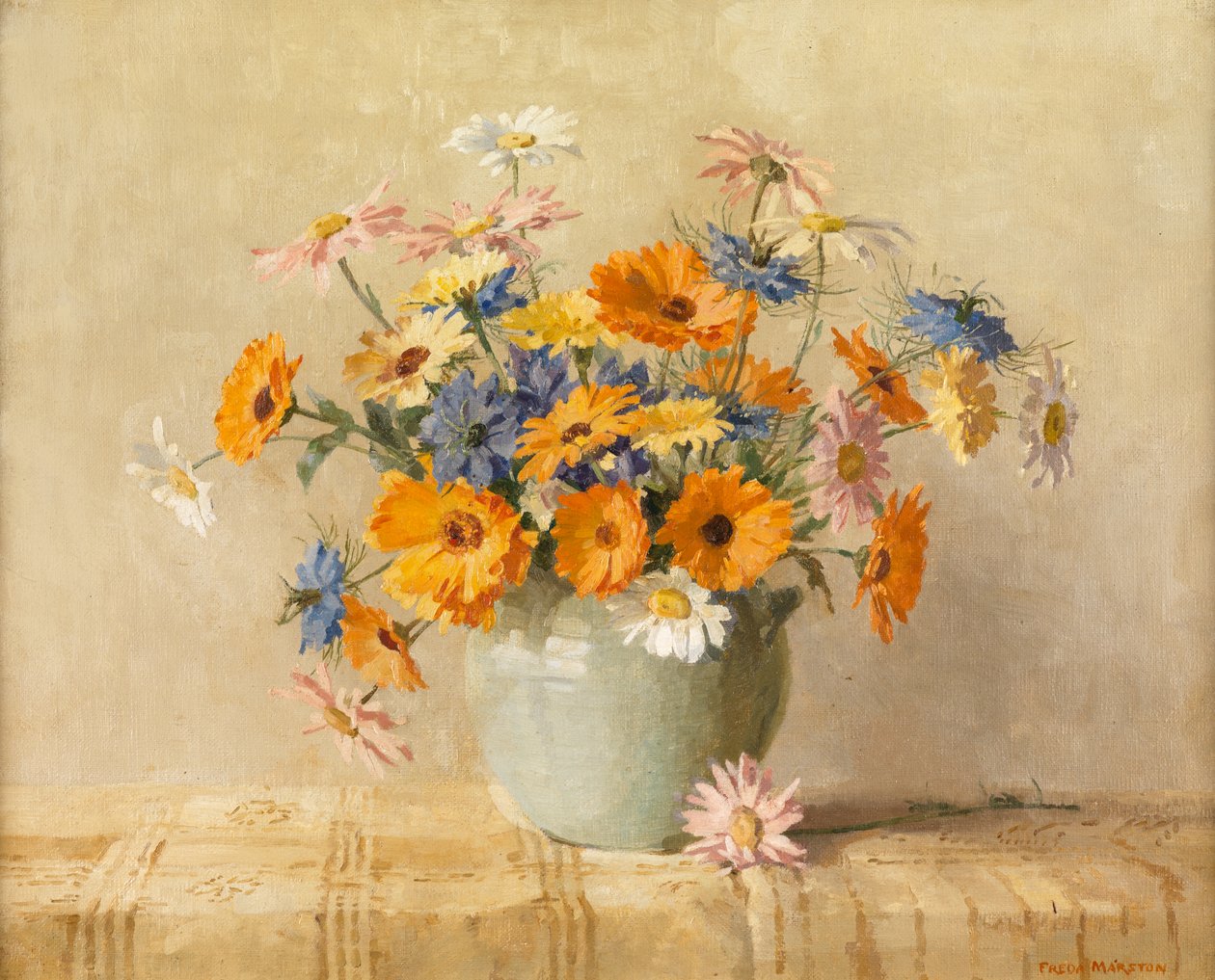 Love-in-a-Mist, Marigold, Oxeye Daisies by Freda Marston